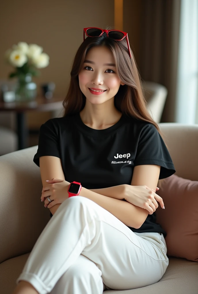 Korean beautiful woman, wearing a t-shirt with Yuri writtenon it, jeans, long straight black hair, soft lig, smoking cigarettes, ai ,layjng on a Ferrari , intricate details, hard lighting
