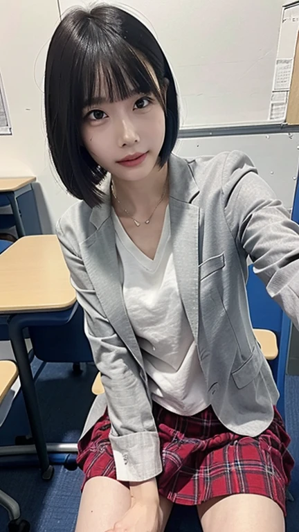 (RAW photos, highest quality), (Realistic, Photorealistic: 1.3), masterpiece, very delicate and beautiful, very elaborate, CG, Unity, 2K wallpapers, wonderful, fine, bright smile, very elaborate CG Unity 8K wallpapers, huge file size, ultra high definition, high resolution, absurdity, soft light, ((Short hair: 1.3), short bang, Silver hair, floating hair novafrog style), beautiful girl in detail, fine fingers, very fine eyes and face, beautiful nose in detail, beautiful eyes in detail, long eyelashes, shining light on face, looking at the viewer, (with mouth closed: 1.2) 1 girl, cute, young, mature face, (full body: 1.3) realistic face, realistic body, slender beautiful thighs, ( ulzzang-6500-v1. 1:0.8) Business suits, cross lace clothes, collared shirts, open clothes, office, open cardigan, black thighs,