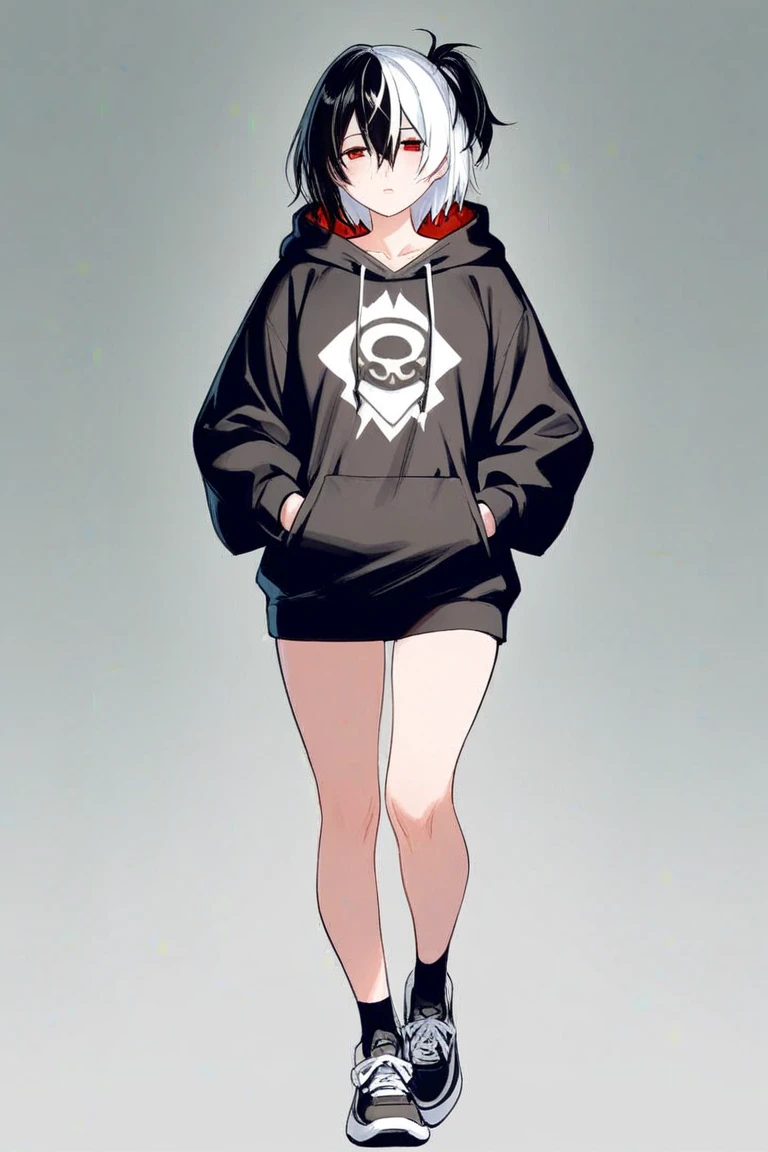 Her posture is hunched over, with slumped shoulders and folded arms or clasped hands. Her head is tilted slightly downwards, further accentuating the expression on her face. The overall effect is one of vulnerability, despair
BREAK
cute, kawaii, moe, anime, virtual youtuber, (flat colors:1.4), (full body:1.4), (red hair:1.3), red eyes, short hair, small breasts, (wearing black shirt:1.3), black shorts jeans, sneakers, (wearing black mouth mask:1.3), black stockings
