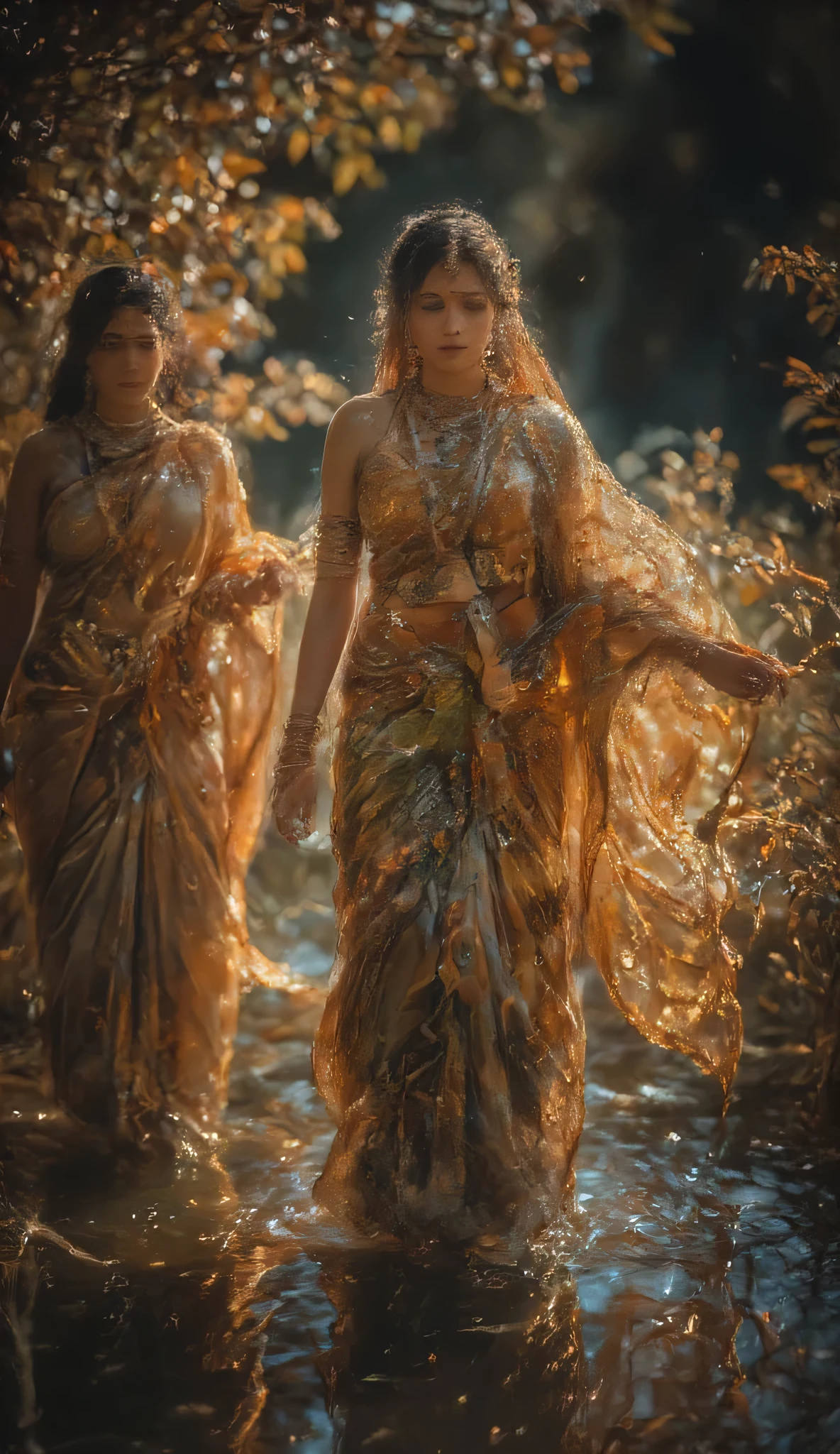 Portrait beautiful indian women walking in lake,erotic, sexy costume, serene nature landscape, golden hour sunlight, intricate sari clothing, graceful poses, reflections on water, lush greenery surroundings, ornate jewelry accessories, vivid warm colors,4k,photorealistic,highly detailed,masterpiece,professional photography,studio lighting,physically-based rendering,ultra-fine art painting,dramatic lighting,cinematic,bokeh