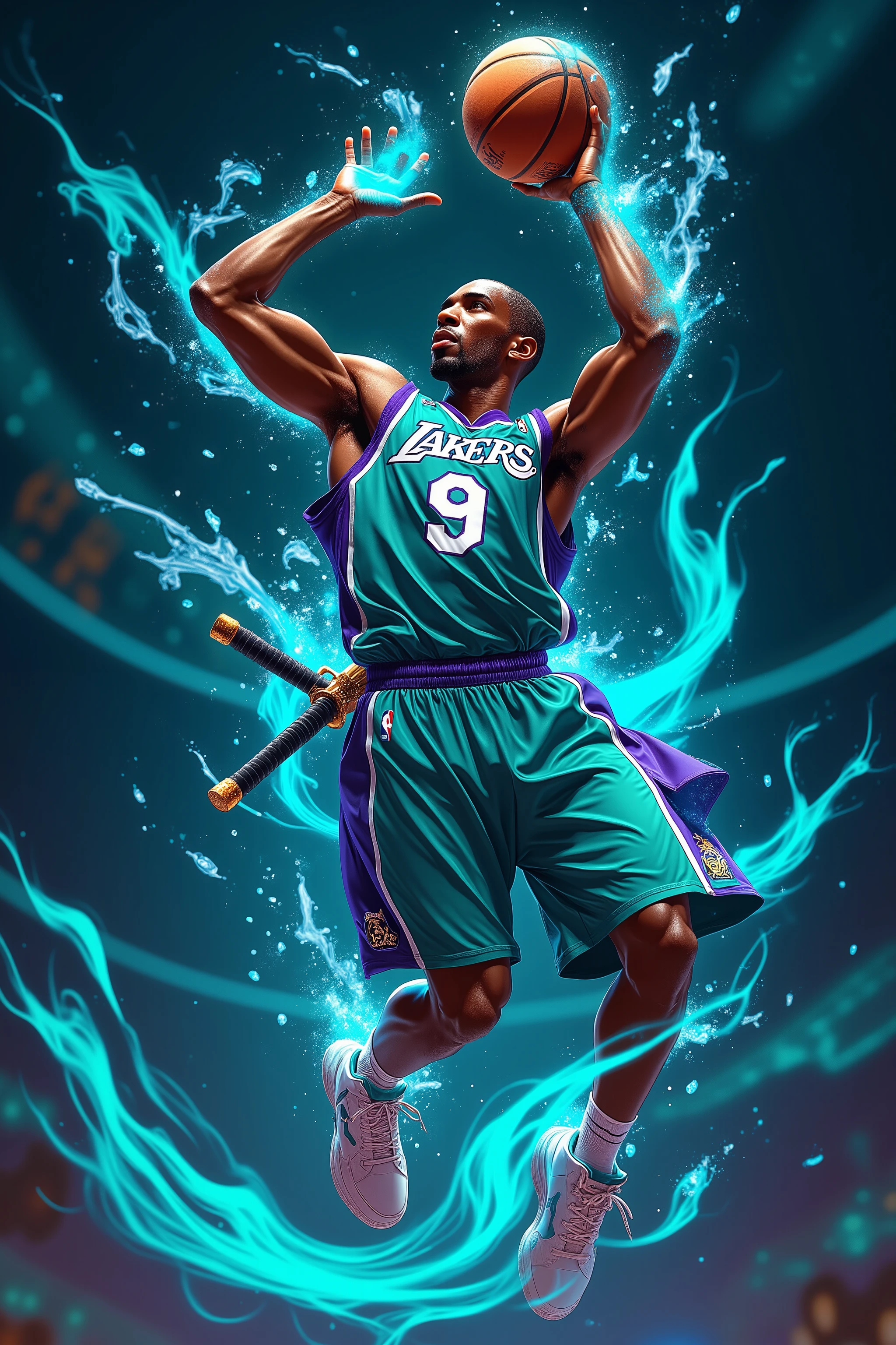 A dark-skinned man, likely Kobe Bryant in his late twenties or early thirties, is depicted in a dynamic basketball action pose. He is a professional basketball player, wearing a teal and purple Los Angeles Lakers jersey with the number 9 prominently displayed. He's also wearing a katana (Japanese sword) on his hip, adding a stylized, anime-inspired element to the image. The player is mid-air, leaping to shoot a basketball, which is glowing with a vibrant blue energy effect. The action is heightened with exaggerated musculature and a powerful stance. His expression is focused and determined, with a serious demeanor. His clothing style blends athletic attire with a stylized samurai theme. The environment is a stylized court, with teal and deep blue colors dominating the background, conveying a dynamic and energetic atmosphere. Water-like effects are painted around his body, creating a visual flow. The perspective is slightly elevated, giving a dynamic view of the jump shot. The colors are bright and bold, using a graphic anime-influenced style. The image is highly detailed, with vibrant lighting and strong outlines creating a striking visual effect. The composition is balanced and the focus is on the dynamic action. The player is positioned slightly off-center in the image.