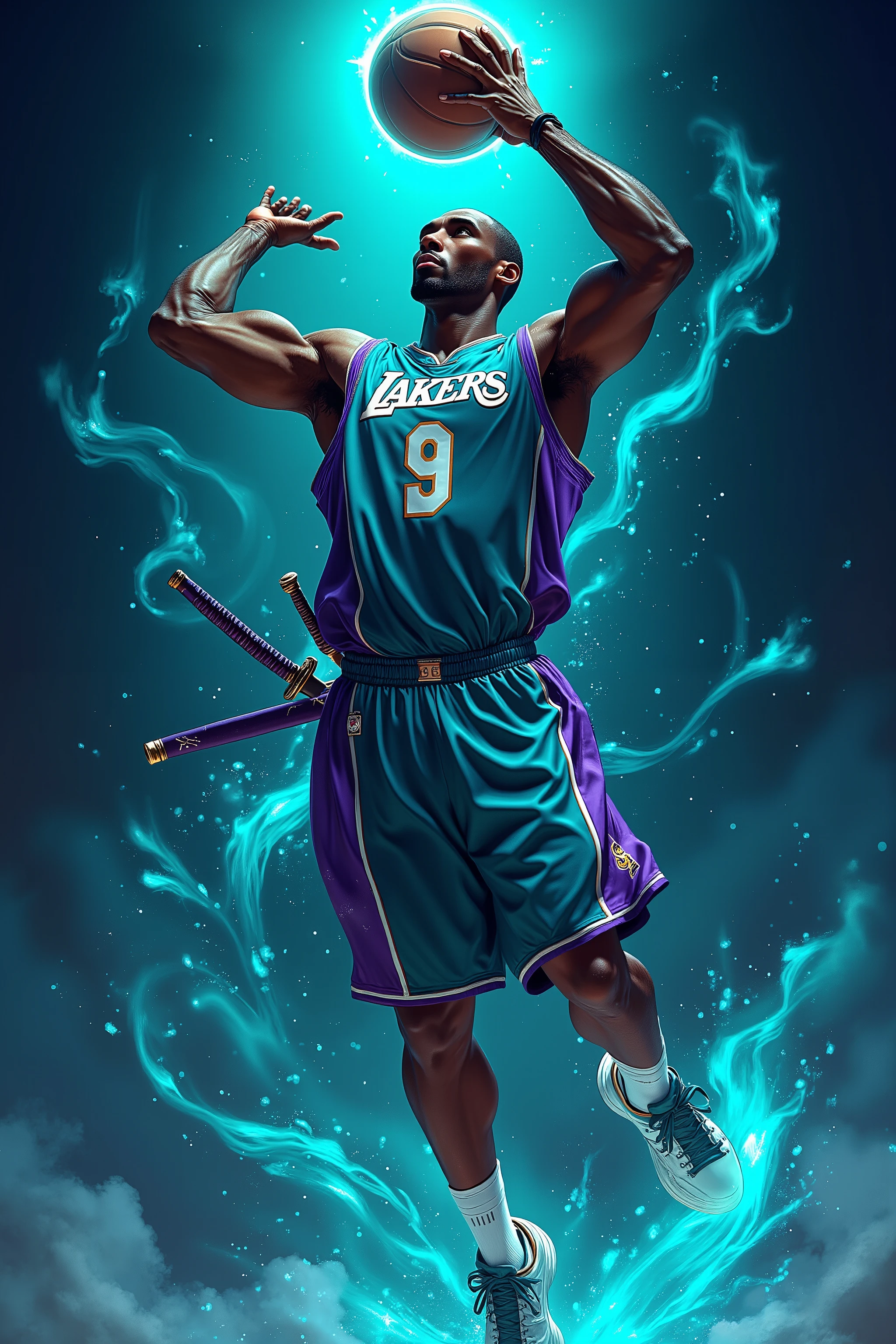 A dark-skinned man, likely Kobe Bryant in his late twenties or early thirties, is depicted in a dynamic basketball action pose. He is a professional basketball player, wearing a teal and purple Los Angeles Lakers jersey with the number 9 prominently displayed. He's also wearing a katana (Japanese sword) on his hip, adding a stylized, anime-inspired element to the image. The player is mid-air, leaping to shoot a basketball, which is glowing with a vibrant blue energy effect. The action is heightened with exaggerated musculature and a powerful stance. His expression is focused and determined, with a serious demeanor. His clothing style blends athletic attire with a stylized samurai theme. The environment is a stylized court, with teal and deep blue colors dominating the background, conveying a dynamic and energetic atmosphere. Water-like effects are painted around his body, creating a visual flow. The perspective is slightly elevated, giving a dynamic view of the jump shot. The colors are bright and bold, using a graphic anime-influenced style. The image is highly detailed, with vibrant lighting and strong outlines creating a striking visual effect. The composition is balanced and the focus is on the dynamic action. The player is positioned slightly off-center in the image.