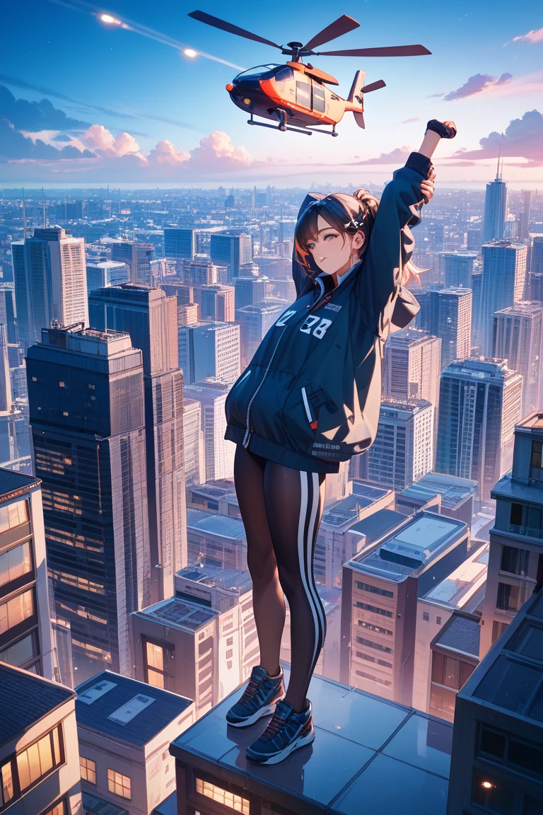 masterpiece, best quality,  <lora:cassettegirl-nvwls-v1-000009:0.9> cassettegirl, hat, grey hoodie, short shorts, sneakers, cityscape, graffiti, jumping, dynamic pose, from below, sky, clouds,