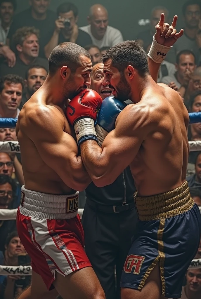 In the boxing ring you can see an Iranian boxer against a Russian, The latter being the challenger since the Iranian is the owner of the belt, and the Russian commentators all excited to see the K.O. Of the Russian over the Iranian in the background you can see the display 2 minutes 37 seconds of round 12 the fight ends and the crowd in the stands and all their Russian compatriots celebrate raising their hands and shouting with joy and emotion glasses flying with beer raining down everywhere, politicians and members of the militia s