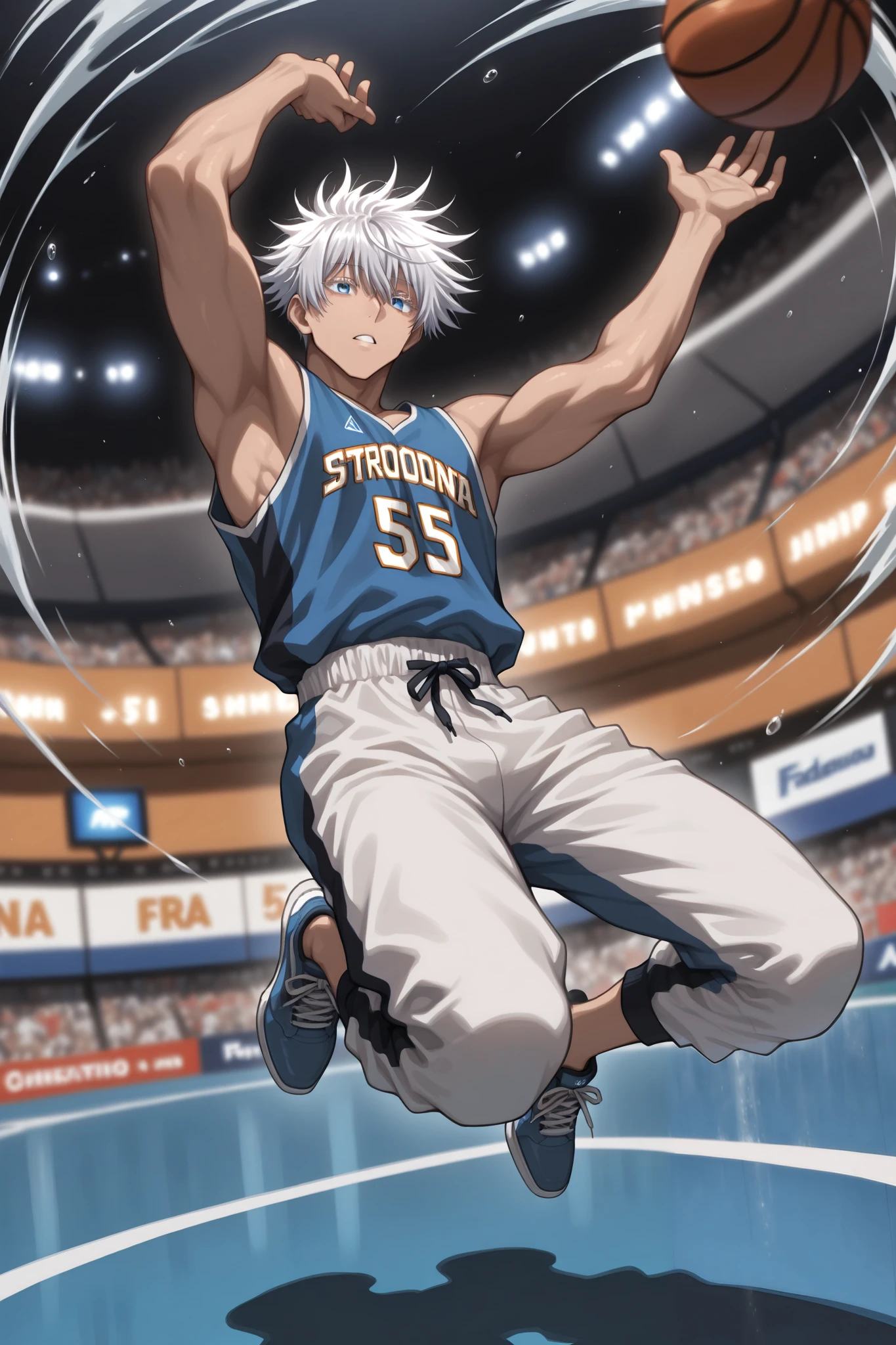 (Masterpiece, best quality), amazing quality, very aesthetic, absurd, highres, latest, perfect anatomy, perfect hands, HDR, 8K, intrinsic light, gloss, glossy color, strong coloring, masterful shading, high contrast, anime reference, anime coloring, anime screen capture from jujutsu kaisen, dynamic, 1 man, solo, male focus, gojo satoru /(jujustu kaisen/), detailed eyes, blue eyes, white hair, short hair, detailed eyelashes, white eyelashes, (muscular), trained body, sexy man, handsome, basketball outfit, blue basketball jersey, white basketball pants, blue casual shoes, solo, dynamic pose, full body, movement aura lines, cool pose, jump shot, throwing position, jumps off in a backward motion and drops backwards, in the air, arm and legs stretched out to throw, fall-away jump shot, fadeaway jump shot, lines of movement, (jumping: 1. 5, Fadeaway Jump Shot:1.5),dynamic pose, lines of movement, glowing lines of movement, dynamic angle, action scene, fast motion blur, NBA stadium, cheering crowd, blurred background,