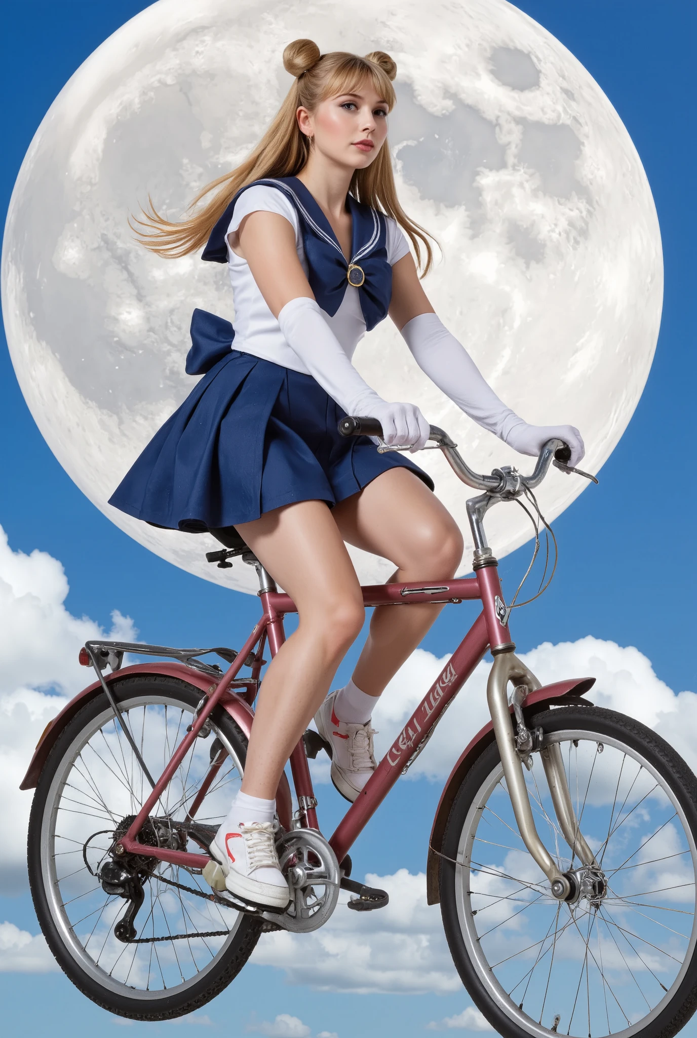 Create a hyper-realistic photograph of a stunning 20-year-old girl with fair skin. She has very long straight blonde hair styled in two round buns as twin tails. She is wearing a Sailormoon costume. The background features a large, luminous moon that fills the screen. The girl is riding a cute, feminine bicycle, soaring through the sky as she crosses in front of the moon. The composition is side-view, capturing a whimsical and fantastical atmosphere.