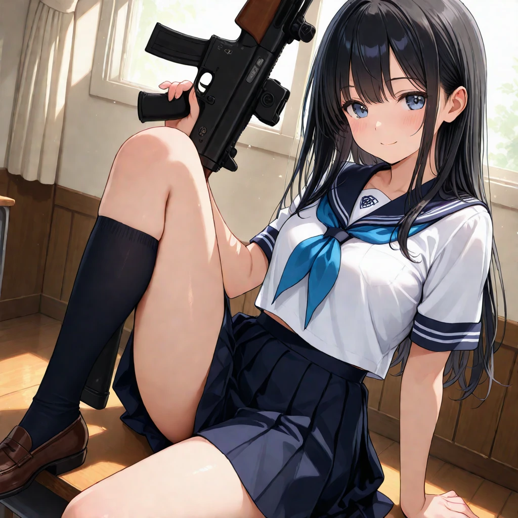 multiple girls, 3 girls, school swimsuit, sailor collar, clone girls, high socks, loafer, holding gun, pile of corpse