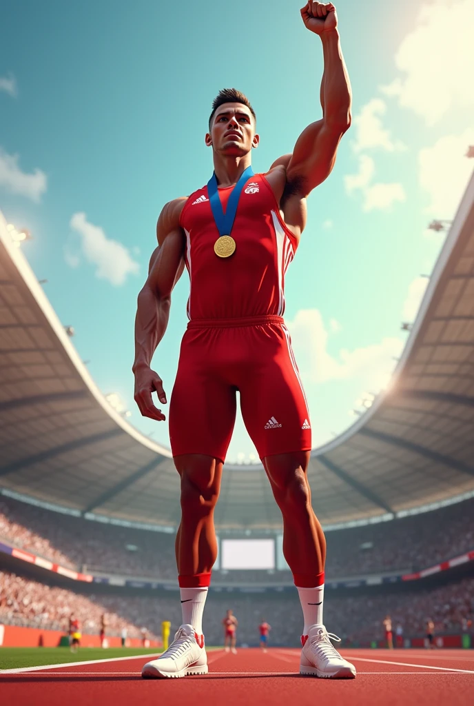 (Olympic Games), Olympic venue, male athletes, 90s style, retro, full body, award-winning, cinematic still, emotional, vignette, dynamic, vivid, (masterpiece, best quality, photorealistic, Professional, perfect composition, very aesthetic, absurdres, ultra-detailed, intricate details:1.3)