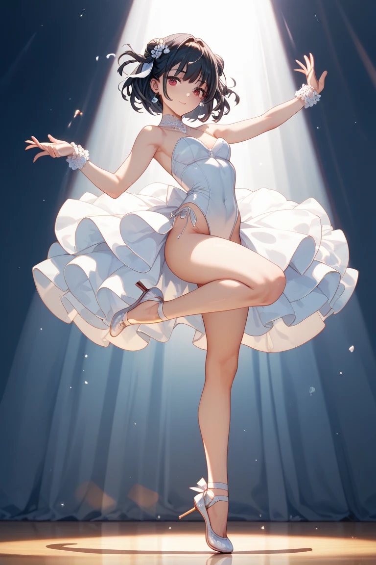 Standing with one leg raised high、No panties、 genitals are showing through、Glossy pure white rhythmic gymnastics leotard、sexy  pose、no-bra、huge tit、Shiny black long hair、Shameful、Rhythmic gymnastics arena