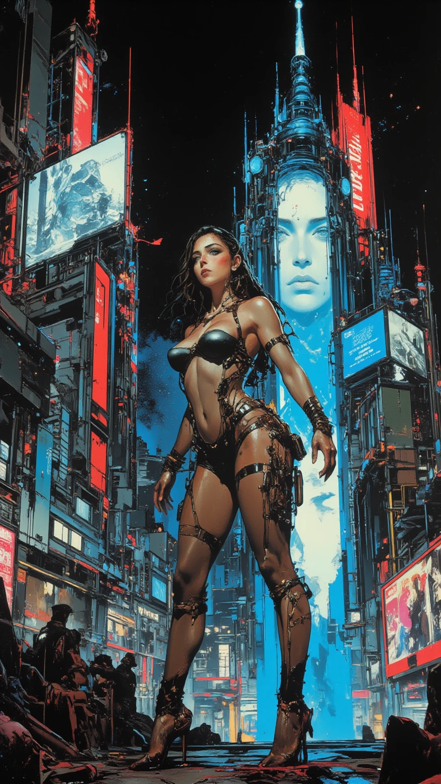 8k HD high definition; a close-up view of a detailed drawing in the style of Tim White, Bruce Pennington, Frank Frazetta, and Joe Jusko; a young woman modeled on Eden McCoy merged and blended into a wall; her nudey twisted into alien sci-fi wires and devices connected to multi-colored Bioluminescence circuitry emerging from her cocooned naked bonnecting to black reflective walls, twisting, cocoon, lighted under dim red tinted lighting; Trapped within a dark barren empty room with black reflective glass walls