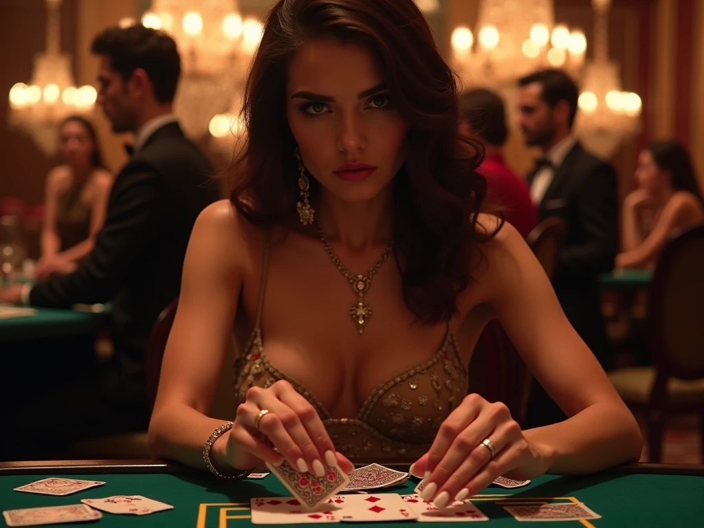 Je veux que tu produises quelques chose de réel. Le plus réel possible. Une femme brune et ténébreuse, hot et Sector avec une poitrine exubérante. Il faut que ce soit une joueuse de poker assise à une table de poker avec des jetons et des cartes