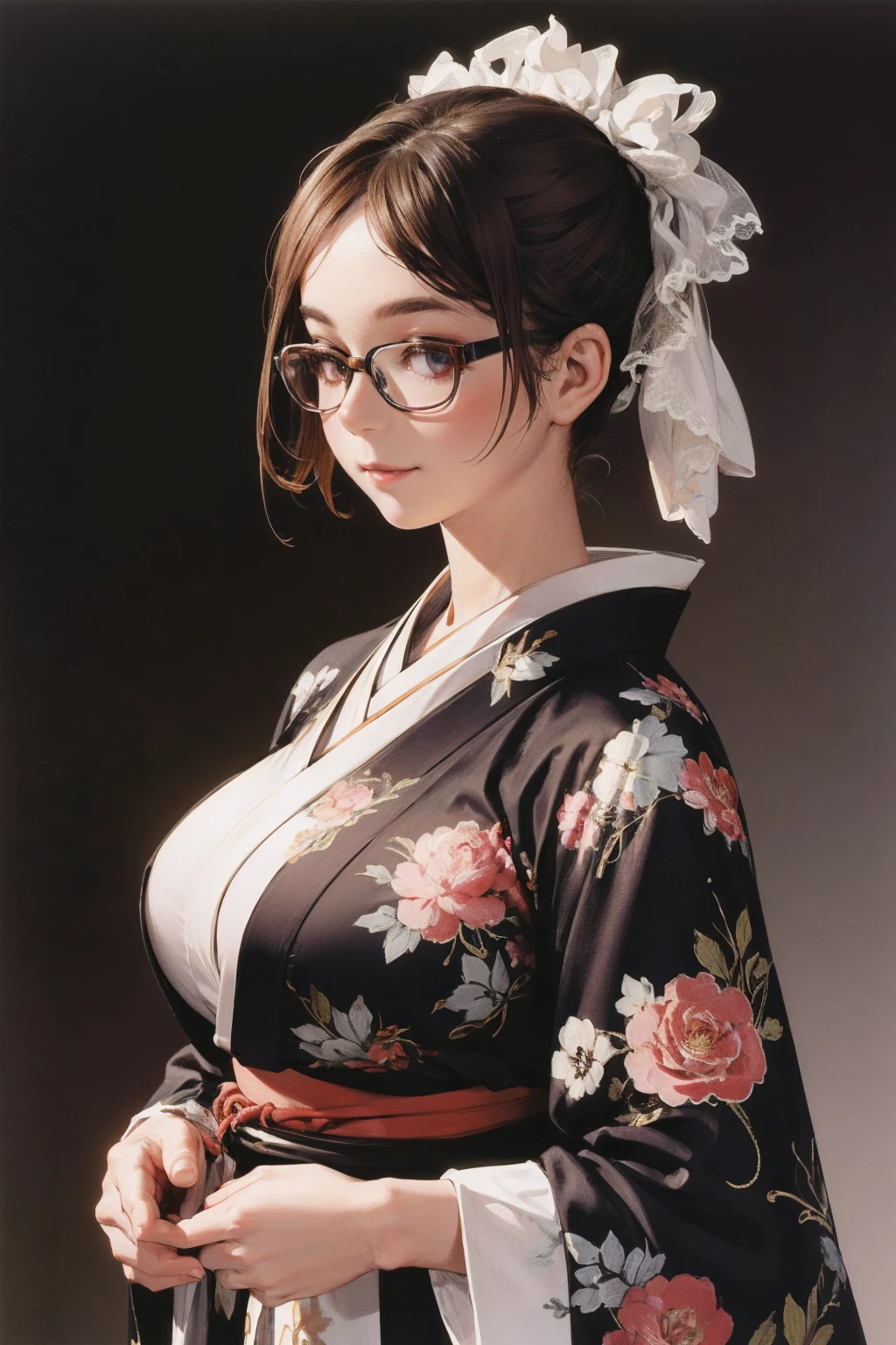 1 girl, glasses, big breasts, sexy yukata, loose hair, looking at you, raise one hand behind your head, open the door for you, blush, moonlight, detailed face, beautiful eyes, long eyelashes, detailed lips, detailed skin, intricate details, elegant, beautiful lighting, cinematic, soft focus, photorealistic, masterpiece, 8k, ultra-detailed, (best quality, 4k, 8k, highres, masterpiece:1.2), ultra-detailed, (realistic, photorealistic, photo-realistic:1.37)