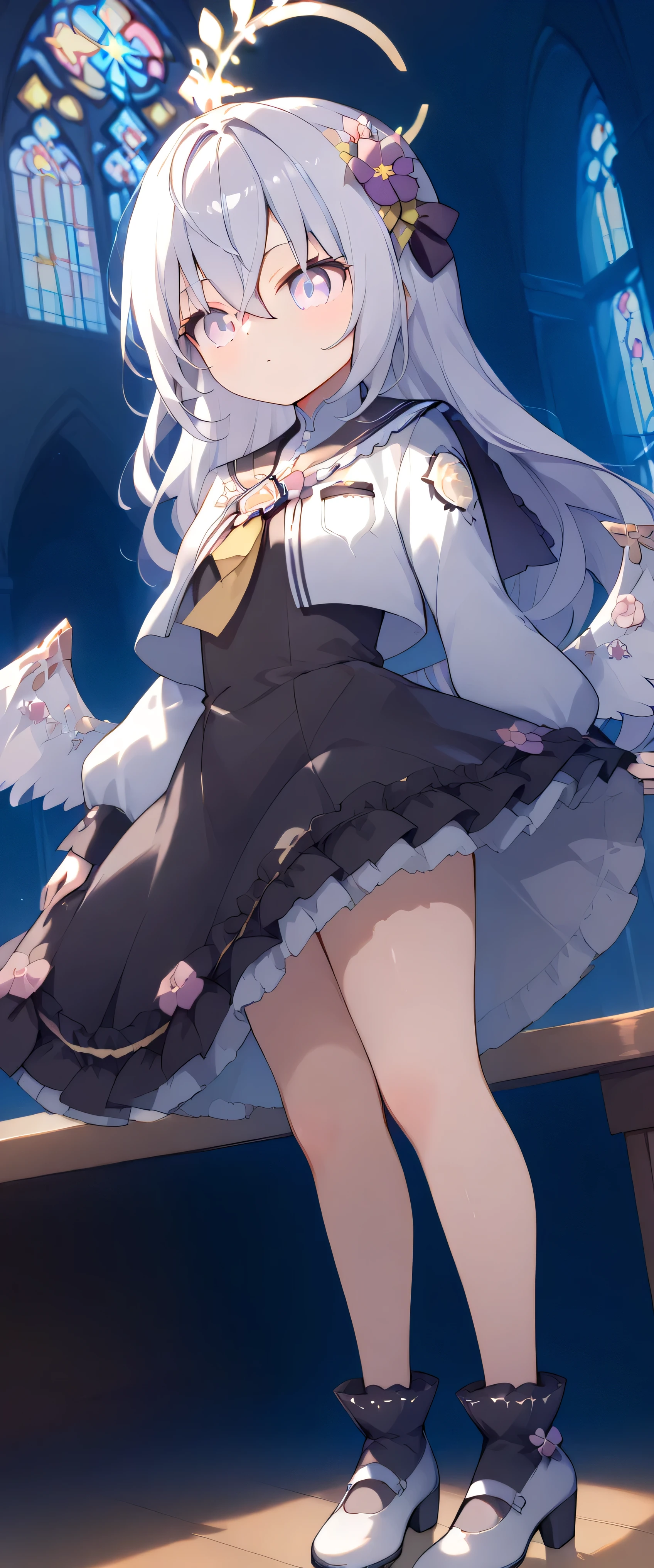 azusa \(blue archive\),purple eyes,white hair,long hair,wings,hair flower,halo,white capelet,black sailor collar,black frilled dress,white footwear solo, 髪の中から眉が見える, 目の間の髪, looking far away, masterpiece, 最高品質, very aesthetic, thick thighs, ((屋内)) 天井 chandelier 赤いカーペット 大理石の柱 (教会) ((ステンドグラス)) wide shot ground level shot, cathedral, ceiling, church chapel from side