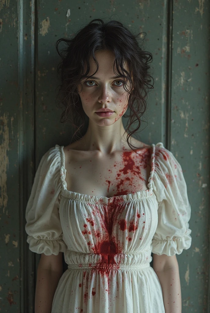 Masterpiece, best quality, celebrity editorial portraiture, cinematic conceptual portrait, Zombie Emma Bovary, Zombie Emma Rouault, Gustave Flaubert’s novel Madame Bovary, ((a slender undernourished pale 18-year-old Isabelle Huppert lookalike ((in early-19th century French bourgeois farming woman’s clothes)) as ((a hungry, white-eyed, wild-eyed)), blood-soaked zombie)) version of Emma Rouault, (dirty bloody skin, cuts and bruises)), (dirty greasy hair), (she has a look of neglected regality), Normandy, early-nineteenth century Normandy French countryside, ((a huge early-19th-century French farm house is visible)), sheep, cows, aged decrepit ancient over-grown hedge-rows, ((other nearly  zombies in the background)),