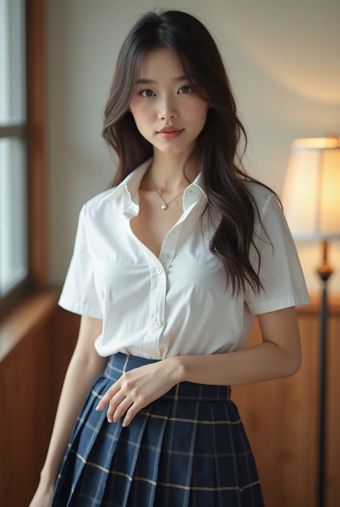 (extremely detailed CG:1.2), (masterpiece:1.2), (best quality:1.2), looking at viewer, full unclothed body, (1girl), solo, long hair blowing in wind, (mathayom uniform), (white shirt short sleeves), (navy_blue pleated skirt), dynamic angle, standing on desk, Nude topless shirt open, breasts fully exposed. Wind blowing,