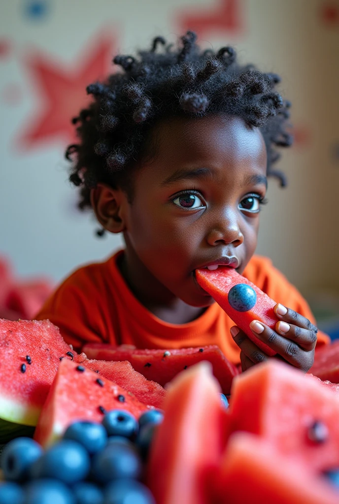 A handsome looking black kid eating chicken and watermelon in the kitchen dining room artgerm style, ! dream artgerm