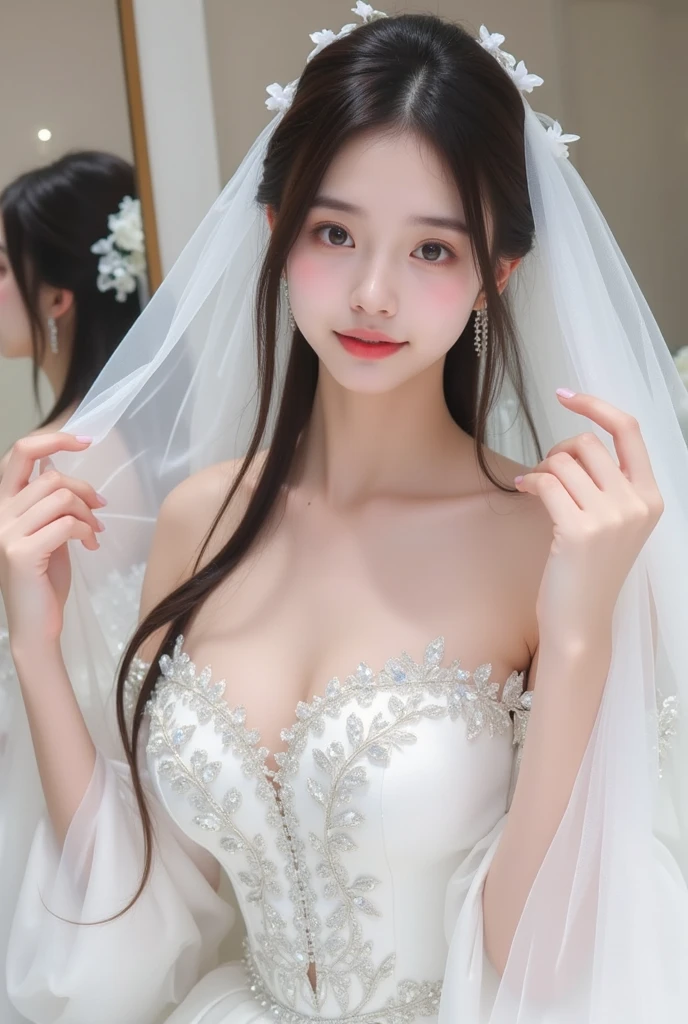 Un primer plano de una mujer con un vestido de novia posando para una foto, jaeyeon nam, heonhwa choe, Hwang se - es, lee ji - eun, lee ji-eun, jiyun chae, seson yoon, sangsoo jeong, hermosa mujer surcoreana, aparcar desde-min, kim taejin, kwak ji joven