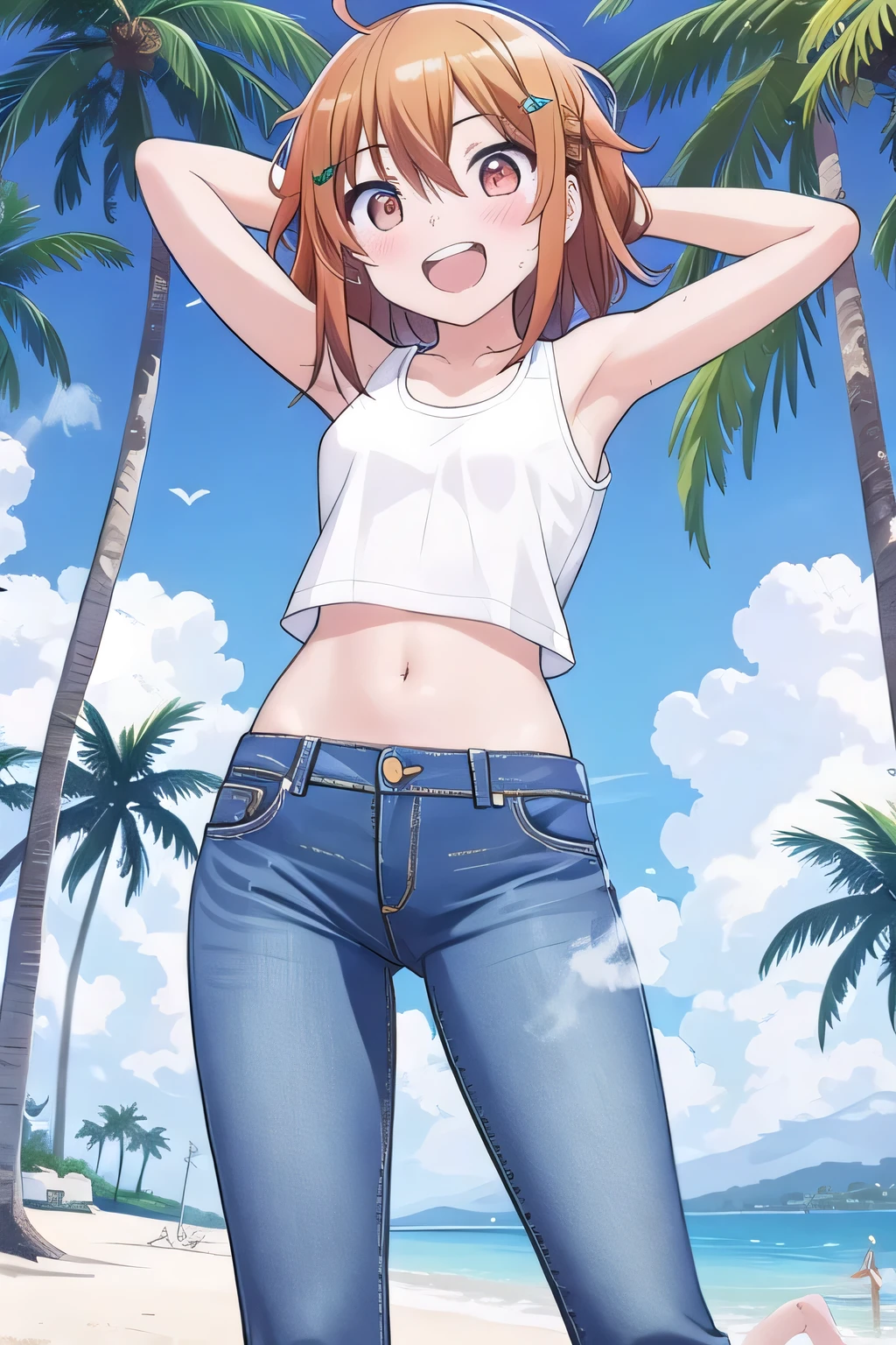 masterpiece, best quality, ultra detail, ((Perfect Face, perfect eyes, perfect hair, perfect arm)), 1girl, , petite, ((round face, ecstasy, orgasm face, drooping eyes, shame smiling, blush)), dropping eyes, sleepy, Open mouth, ((White teeth)), background((under the beach, (day:1.2), palm tree, bright sky)), miku hatsune, ahoge, (red eyes:1.2), (dark orange hair:1.2), crossed bangs, hair between eyes, hair ornament, (medium hair:1.9), (messy hair:1.7), ((arms behind head, hands behind head, fingers behind head)), ((contrapposto)), spread armpits, looking at viewer, (light yellow tank tank top:1.4), (light yellow crop top:1.4), (jeans pants:1.2, flares jeans:1.2, skinny jeans:1.2, blue jeans:1.2), standing, (legs spread:1.4), sex pose, Sweaty crotch, Steam from the crotch, from below, whole body