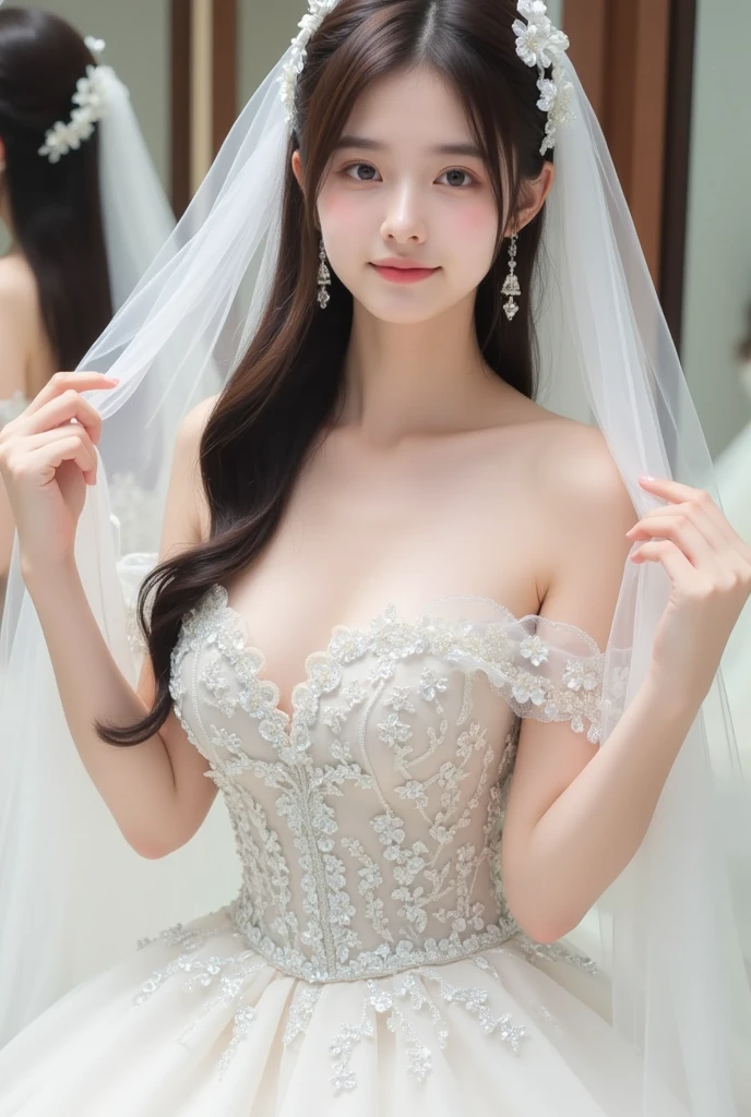 1 girl, huge laugh, Very pretty, cute teen, medium chest, thin collarbone, shiny lips, sweet, sun glare, Conservative attire, Beaded bell-line wedding dress, bouquet, bridal tiara, depth of field, blurred background, Cathedral Background, light particles, strong wind, head tilt, long hair, 
