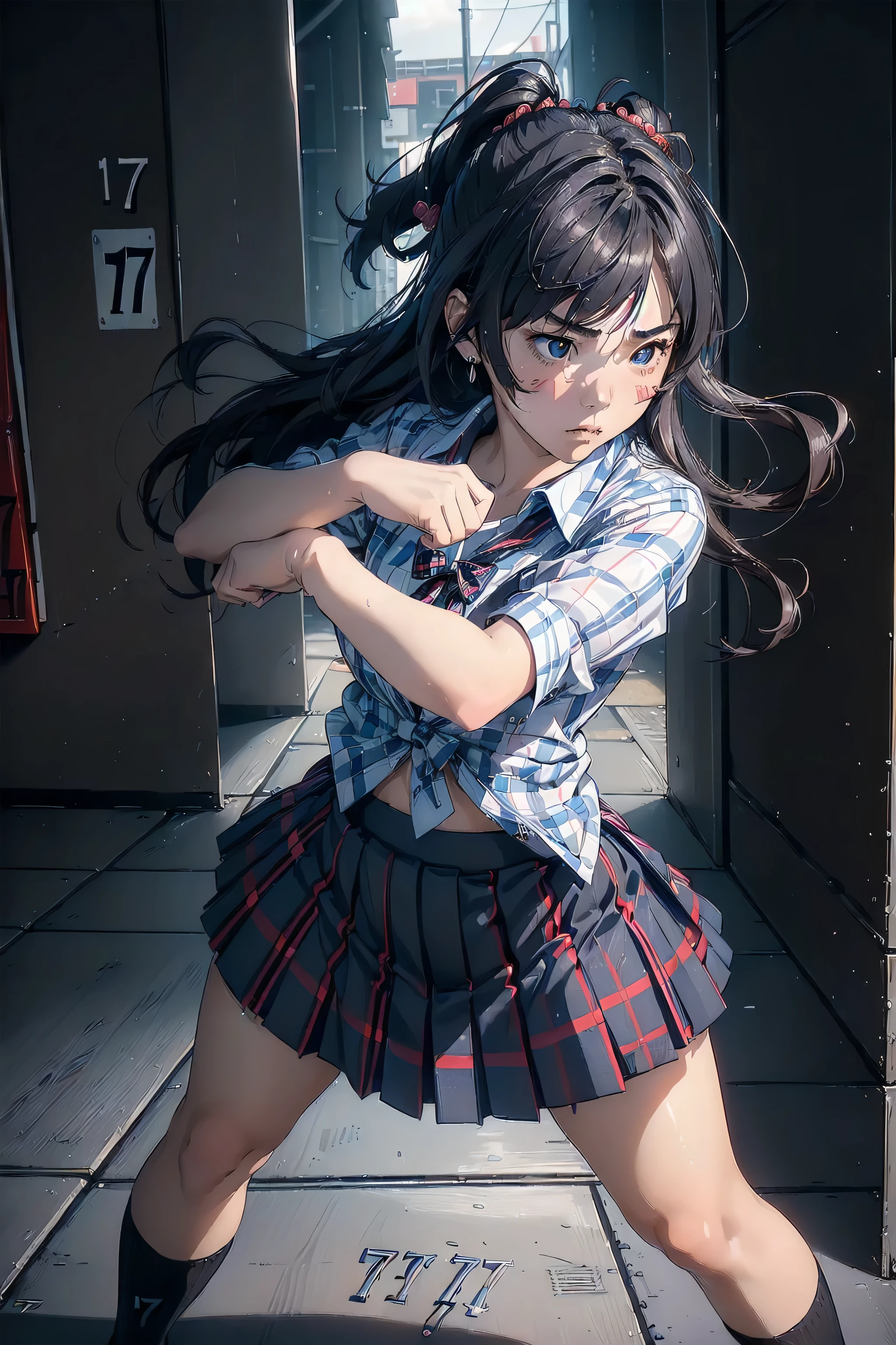 Great Performance, best quality, high resolution, Ichinose Shiki, Idolmaster, long hair, Double Sided Up , Hair bow, Ahogge, medium breasts, earring, No Background , (( . Please draw a Japanese samurai girl alone, ready for battle., in the fighting posture , in low posture, holding a kanda sword:1.3)), ((1Girls)), (alone, face,:2.0), high school student . Full limbs, Full fingers , ((perfect fingers)), ((Perfect hands)), Middle Hip , legหนีบ, Perfect Eyes, Girls Wearing American Blazer Uniforms ((เสื้อเชิ้ตสีlegวพร้อมปกทางการ, Navy Blue Blazer, Blue Plaid Skirt)), ((Blue Plaid Skirt)), ((Plaid , check corduroy skirt)), ((Red Plaid Bow on Shirt)) (Exquisite lighting), ((Full Body View)), ((stand)), ((leg)), Uwabaki boots, A single beautiful girl (one girl), full body shots, Front side, Beautiful eyelashes, Make up , electric eyes , (( black socks)), (( black school shoes )),