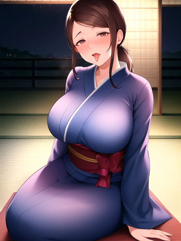 1girl, masterpiece, best quality, cowboy shot, brown ponytail, blue (yukata) , cleavage, shoulders, smiling, erotic pose, pov