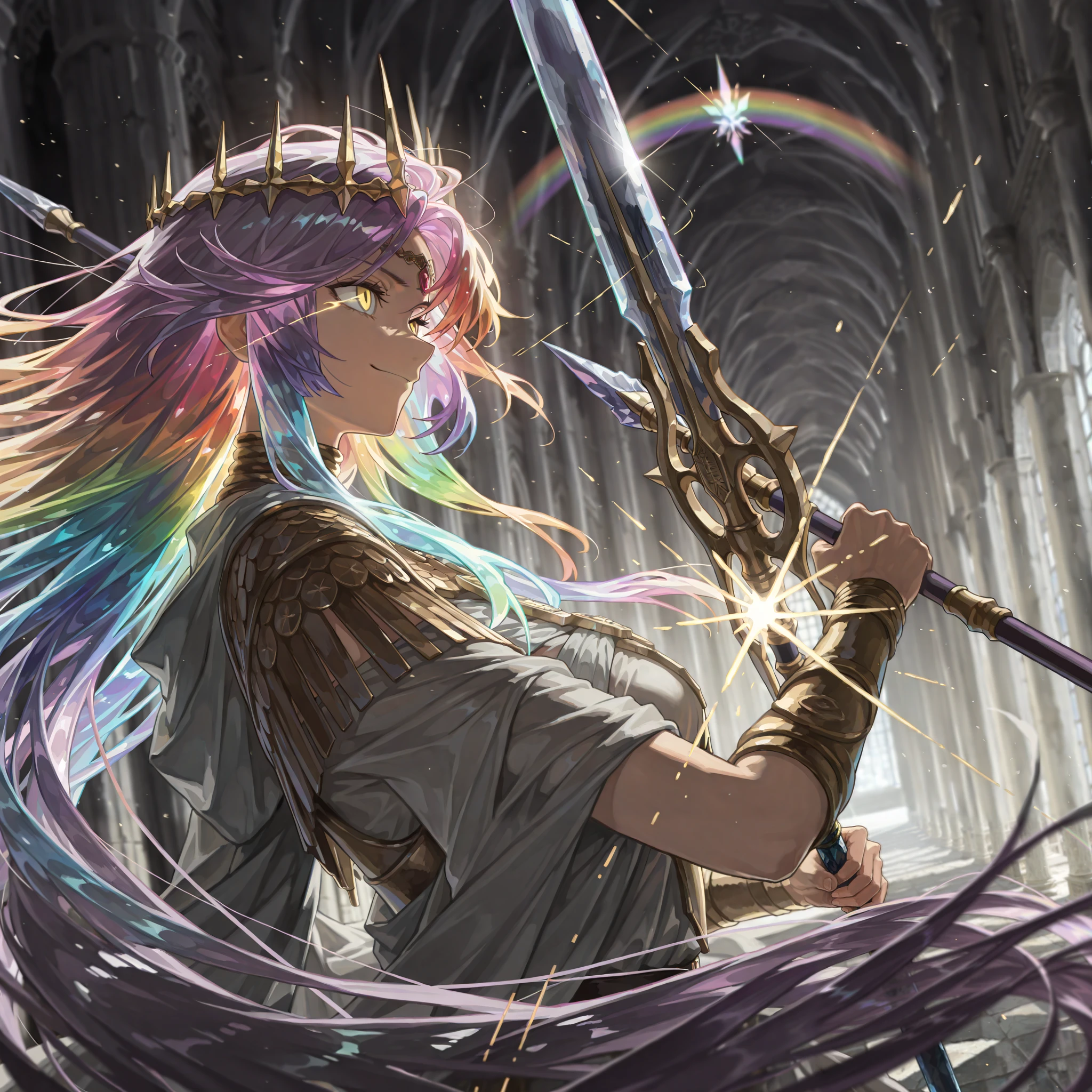 by [arknights|(748cmstyle:0.5)], god rays, cinematic shot, mature, young adult, masterpiece, best quality, amazing quality, very aesthetic, high resolution, ultra-detailed, absurdres, 1girl, solo, alone,(dynamic pose, upper body focus, three quarter view, action shot, from side, closeup shot:1.2), wielding a glass halberd, holding a weapon, glass spear, dragon spear, two handed weapon, crystal polearm, golden eyes, burning eyes, eye trail, translucent eyes, very long hair, (prismatic hair, rainbow hair, reflective hair:1.33), purple hair, glitch art photo, golden magical circlet, ([(velkhana armor, streamlined armor:0.41)|ornate toga, ornate and magically enhanced greco roman clothes]:1.4), Queen of War, cruel smile, smirk, war god, renaissance french royal guard, palace fortress, (crystal fortress:1.22)), the ancient city of Troy, crystal and glass throneroom, crystal temple, Greek architecture, (glass architecture:1.44), BREAK, depth of field, volumetric lighting 