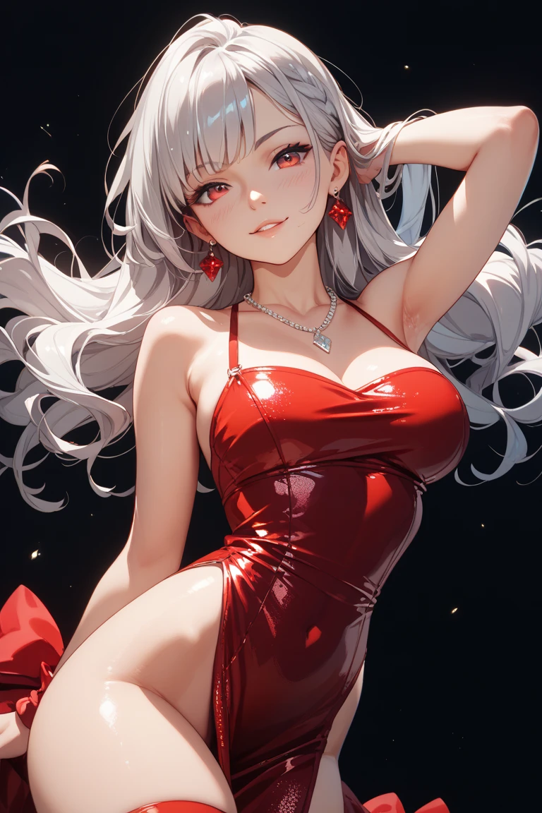 Elegant 27 year old woman,, white, wavy hair, hip-length, small, fleshy lips, simple makeup, confident look modeling a sexy and elegant low-cut red dress, Wide hips, medium buttocks, 