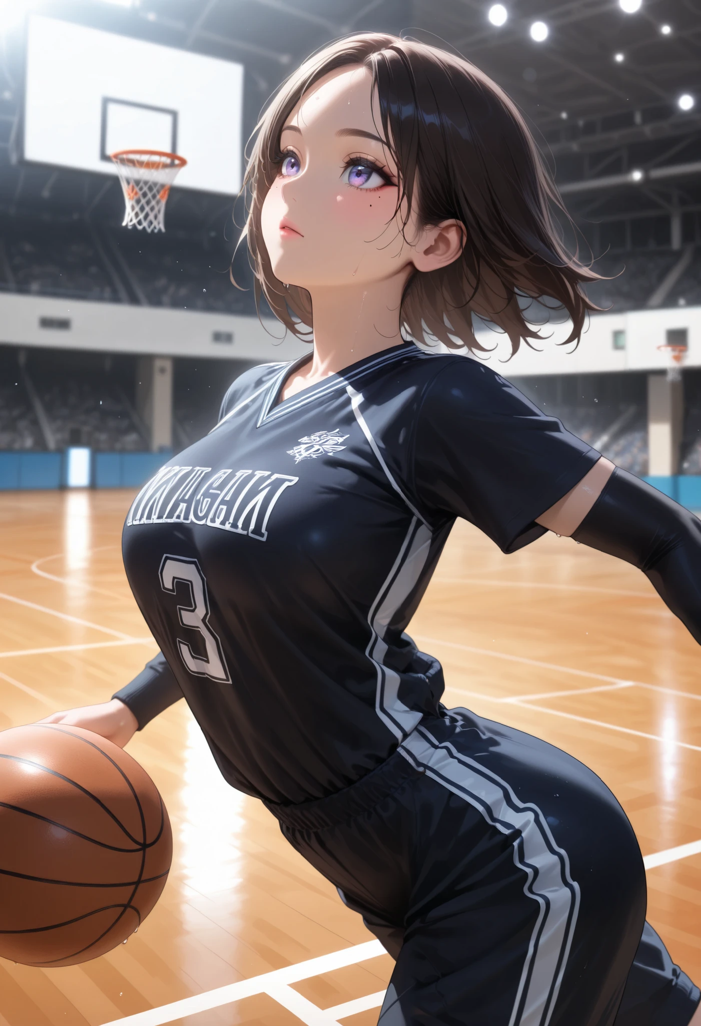 The image appears to be of a female volleyball player on the court during a game or practice session. He wears a sports uniform with the number 3, consisting of a blue tank top with white and pink patterns on the front and blue athletic shorts. El uniforme tiene un logotipo en el lado superior derecho, pero no puedo mencionar la marca o el nombre del equipo. He also wears black knee pads and has a black sleeve on the elbow of his right arm.. Su cabello es corto y rizado, y parece estar concentrada en el juego, mirando ligeramente hacia su izquierda. The background is blurred, but suggests an indoor sports venue with some audience members and standard indoor lighting. There is no action visible in the shot; captura un momento de la jugadora en movimiento, probablemente entre jugadas.
Please note that I cannot provide information about the identity of the person in the image.