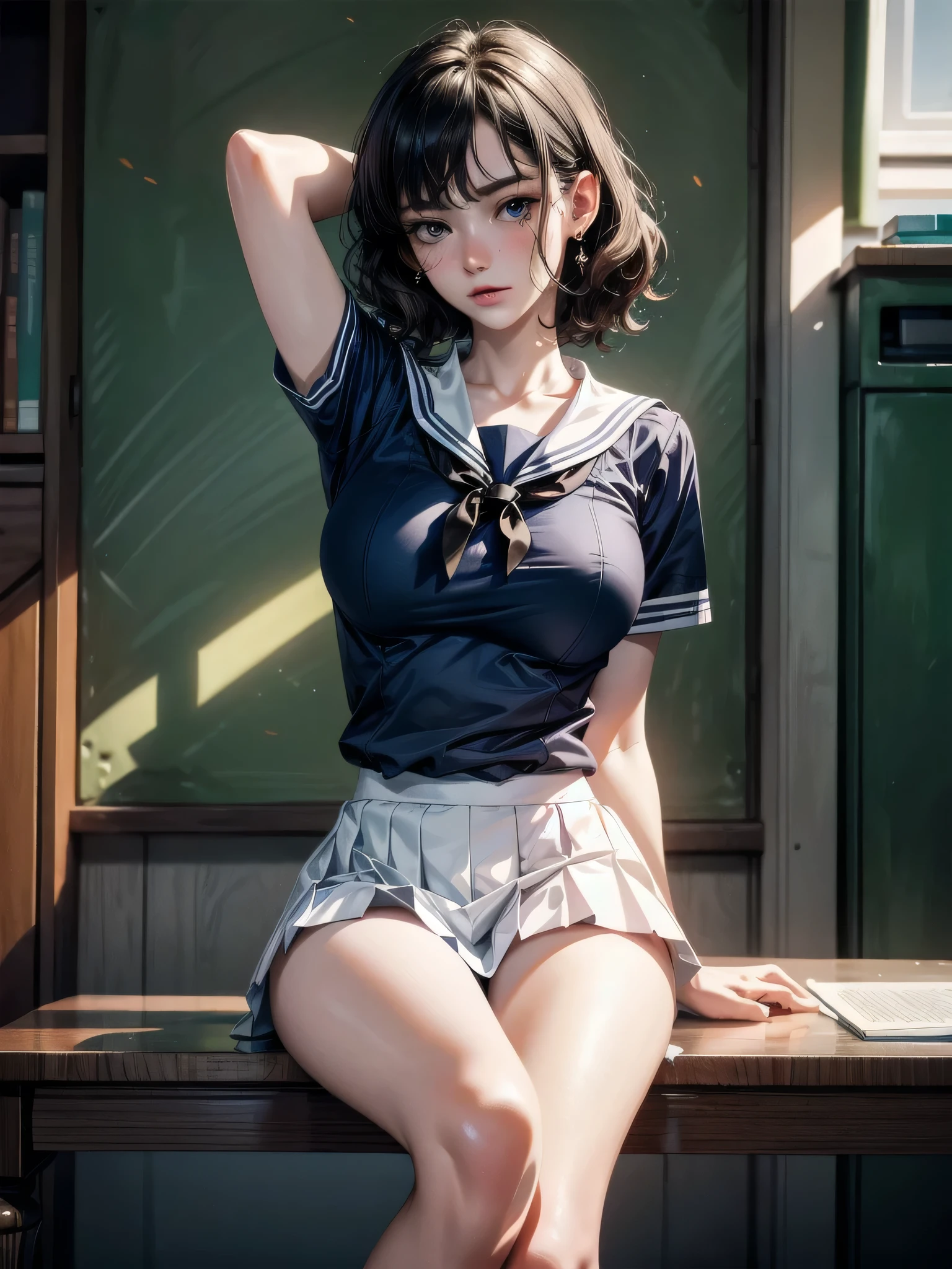 sailor school_uniform, arms behind head, cross-legged, absurdres, RAW photo, extremely delicate and beautiful, masterpiece, Best Quality, ultra high resolution, 32k, hyperrealistic, ultra-detailed, detailed description, pale skin, 20 years old, tearful mole, earring, Colossal tits, short medium hair, wavy hair,