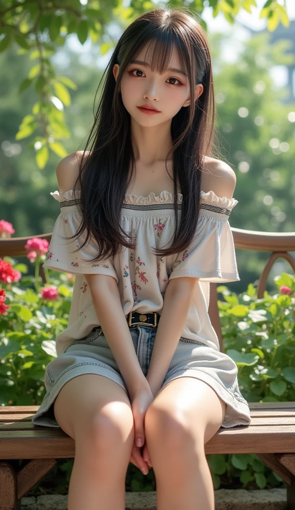 blue skirt,shirt,fashi-girl, red lips, mature female, makeup, Big eyes, Pretty eyes, ((full body)), ((Random shooting angles)), (best quality, masterpiece:1.2), ultra-detailed, (realistic:1.37), beautiful, youthful, glamorous model with (detailed eyes, detailed lips, extremely detailed eyes), with white and floral colors, showcasing a radiant smile, creating a breathtaking depiction of a girl, Warm tones, extremely high color saturation, official art, extremely detailed CG unified 8k wallpaper,(High dynamic range :1.4), (cinematic),(soft colors, dull colors, soothing tones :1.3), (natural skin texture, ultra-realistic, soft light, sharp),(very detailed), Night, moonlight, In an antique pavilion, sit on a bench against the guardrail