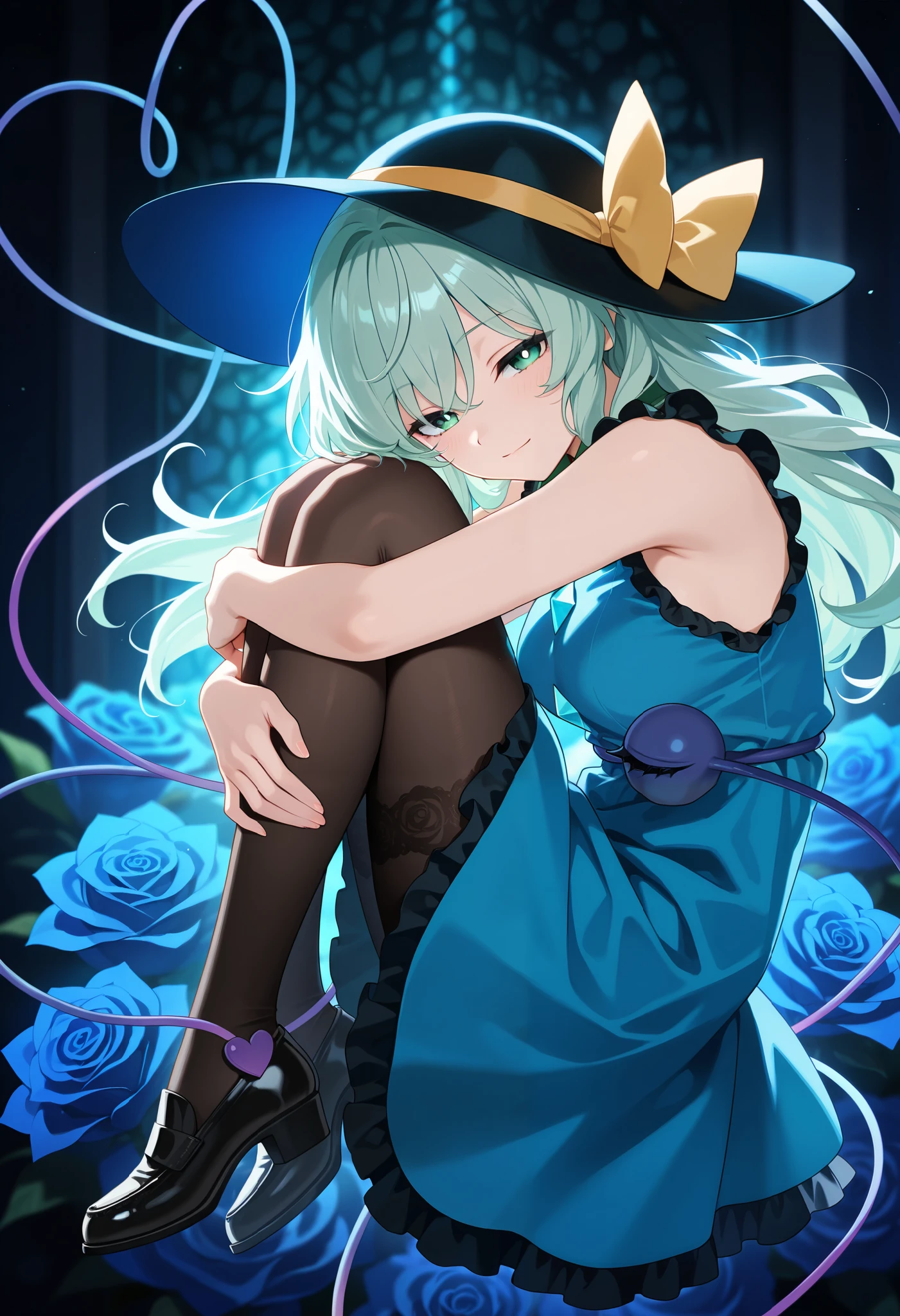 masterpiece, best quality, amazing quality, from side, 1girl, Koishi Komeiji, \(Touhou\), aged up, half-closed eyes, light smile, light blush, floating, hugging own legs, looking at viewer, alternate hairstyle, long hair, bangs, green eyes, white pupils, medium breasts, alternate costume, hat, frilled dress, sleeveless, blue dress, two-toned dress, lace-trimmed pantyhose, black shoes, (mosaic background), blue roses, blurry background, dim lighting, (anime screencap:1.1)