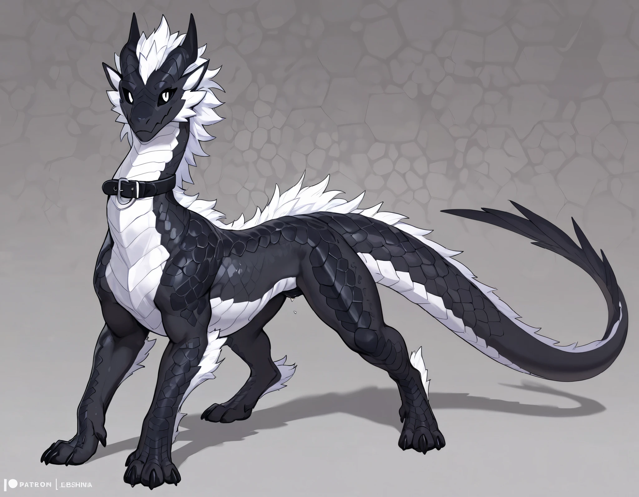masterpiece, best quality, amazing quality, absurdres, extreme detail, 8k, detailed eyes, solo, feral dragon, (((short dragon neck))), dragon face, dragon body, tail, feral dragon body, quadruped, , feminine body, high res, full body, feral art, female dragon, fursona, full body view, smooth flat scales on body, extremely detailed scales, bara, frontal view, dragon , , collar, solo, female, feral dragon mount, quadruped, lean body, female, lean build, lean feminine build, hexagon scales, black sclera, white iris, bioluminescence, black , feminine figure, dragon  between scales, tail, , , petite, collar, black canine , no wings, facing viewer, full body view,

