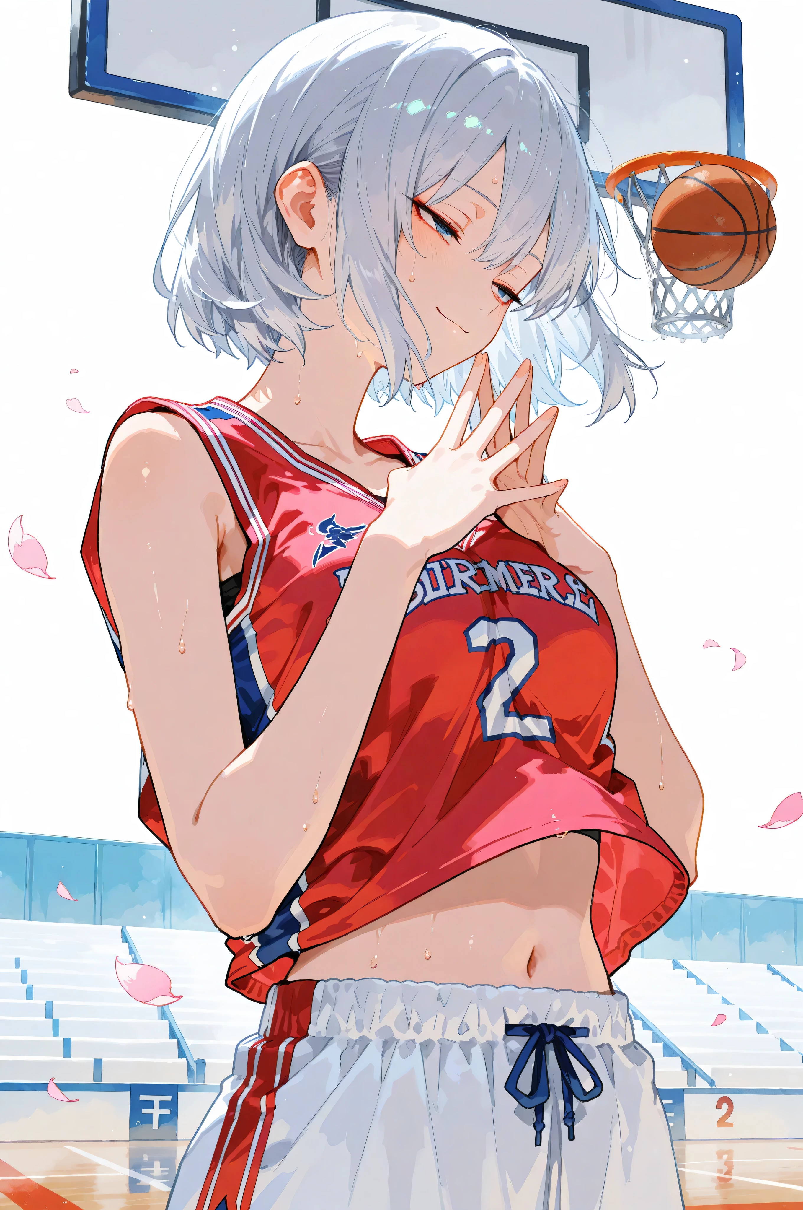 ジト目, Jitome, Half closed eyes,A lone female Saiyan warrior, framed in a close-up of her upper body and face, stands on an NBA basketball court, her side profile striking as she gazes with half-closed eyes (jitome), exuding a calm yet slightly unimpressed air, a cluster of basketballs piled courtside where her equipment once stood, their vibrant orange hues glowing under the arena lights. Her long, flowing silver hair shimmers with faint pink undertones, framing her face gently in the still air, while her blue eyes shimmer faintly beneath heavy lids, her subtle smile radiating resilience. She’s clad in a loose-fitting blue basketball uniform, the sleeveless jersey hanging open to reveal her large chest, a hint of her underbust peeking out beneath the fabric, her bare midriff and navel glistening faintly with sweat. Both hands cradle a basketball against her chest, accentuating her poised form, the shorts relaxed with a subtle slit hinting at her panties just barely visible below. Cherry petals drift down from an unseen source, mingling with white roses scattered across the court, hinting at a peaceful rebirth from war. Her knight-like aura glows with quiet vitality against a minimal white background, rendered in watercolor subtlety (0.4) and pastel richness (0.6).