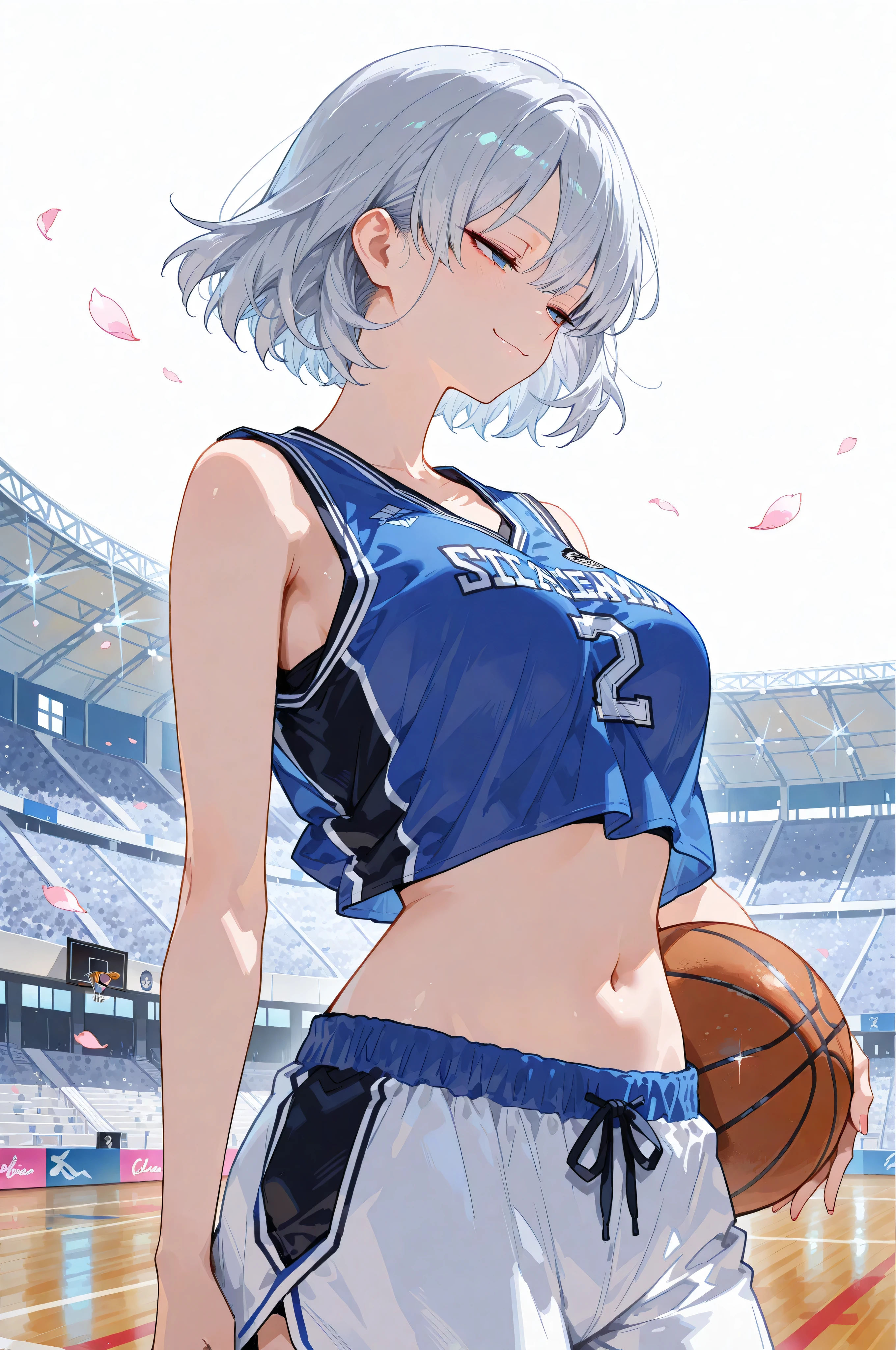 ジト目, Jitome, Half closed eyes,A lone female Saiyan warrior, framed in a close-up of her upper body and face, commands an NBA basketball court, her side profile bold and striking as she stares with half-closed eyes (jitome), a contemplative expression softening her features, a stack of basketballs resting courtside in place of her former ride, their textured surfaces catching the stadium’s gleam. Her long, flowing silver hair shimmers with faint pink undertones, cascading around her shoulders, while her blue eyes glint subtly beneath drooping lids, her resilient smirk faint yet unwavering. She wears a loose-fitting blue basketball uniform, the oversized jersey parted to showcase her large chest, the underbust just visible beneath the hem, her bare midriff and navel exposed in the calm moment. One hand grips a basketball firmly against her side, the other resting lightly on her hip, the shorts hanging low with a delicate slit teasing a glimpse of her panties. Cherry petals drift across the court, mingling with white roses, hinting at a peaceful rebirth from war. Her knight-like aura radiates with serene strength against a minimal white background, rendered in watercolor subtlety (0.4) and pastel richness (0.6).
