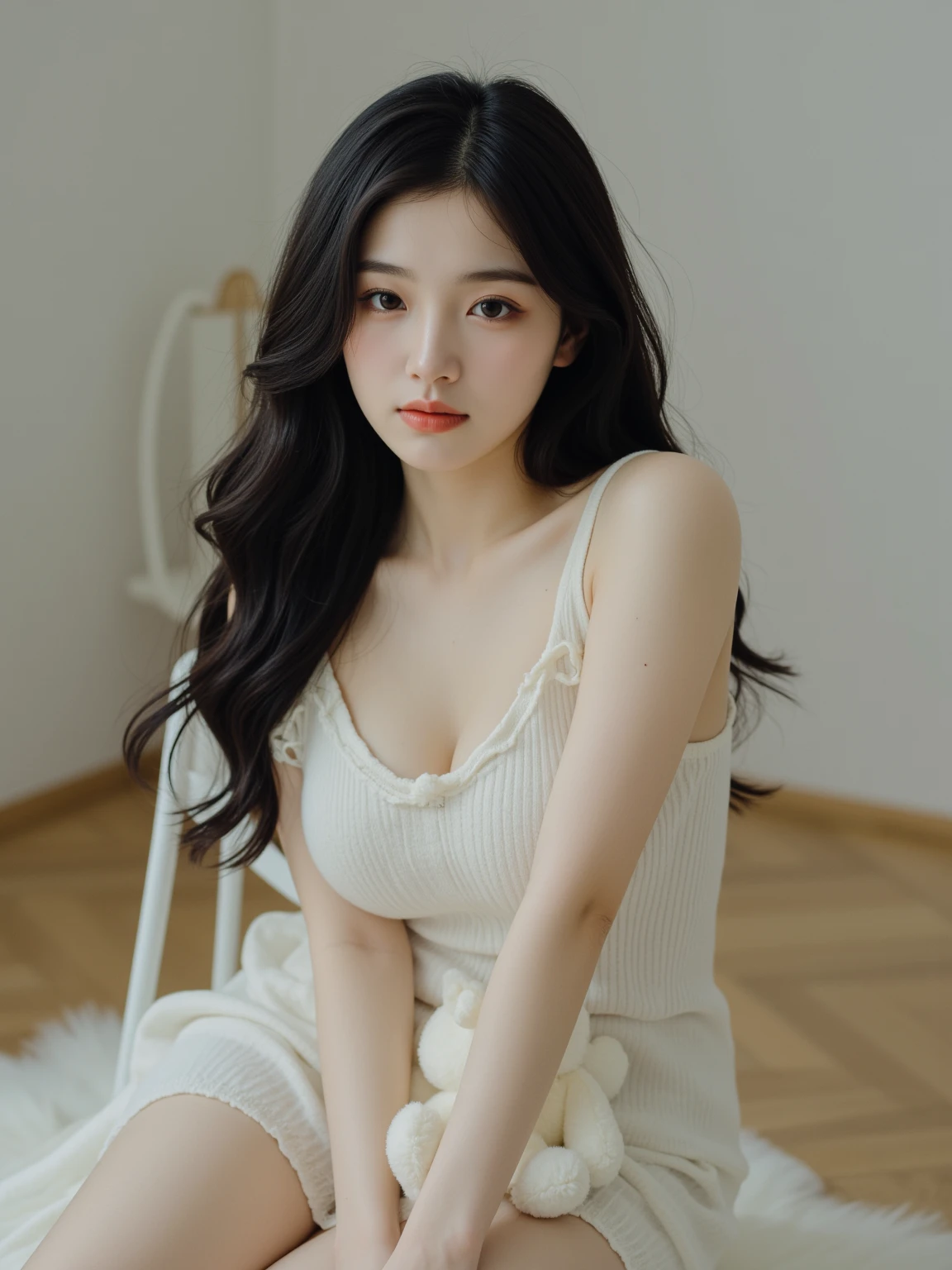 Anime girl in white clothes, pregnant, Realistic shadows, delicate skin, breasts are small, black hair, Very detailed, 8K high-detail face, perfect face shape, perfect lips, Perfect nose, Correct beautiful eyes, watch audience, masterpiece, best quality, single girl, Not wearing, No, alone