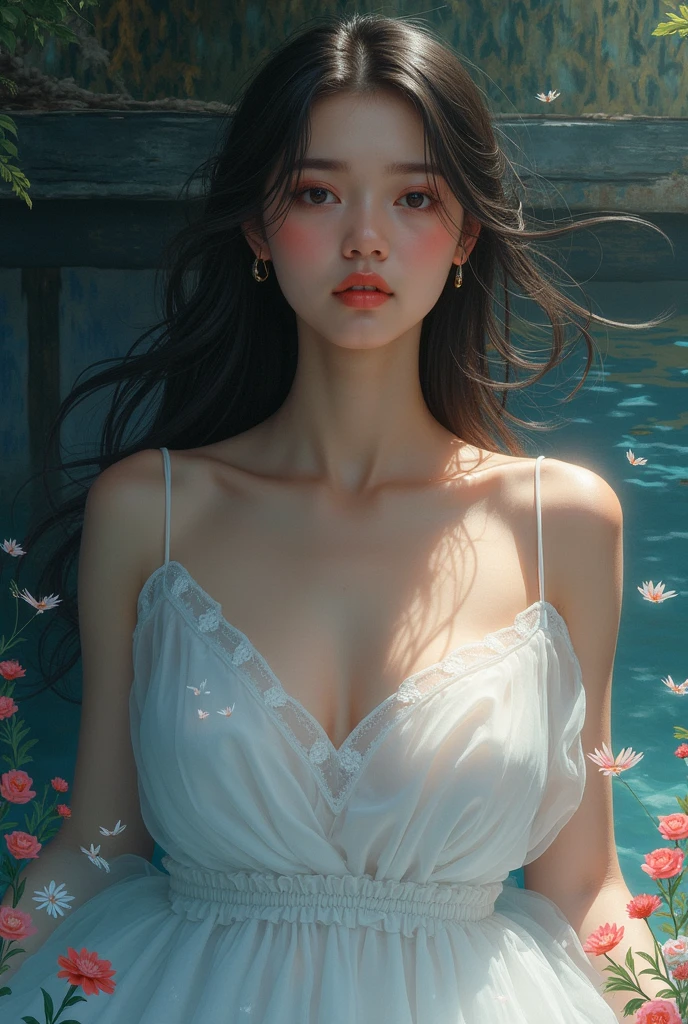 (8k, RAW photo, best quality, masterpiece:1.2),(realistic, photo-realistic:1.4), ultra-detailed, extremely detailed cg 8k wallpaper,(crystalstexture skin:1.2), (extremely delicate and beautiful),
1girl,solo,black hair, long hair, blue eyes, closed mouth, hair ornament, bare shoulders, detached sleeves,big breasts, white dress,looking at viewer, full body, beautiful legs, (((seductive))), floating in the air, không mặc gì