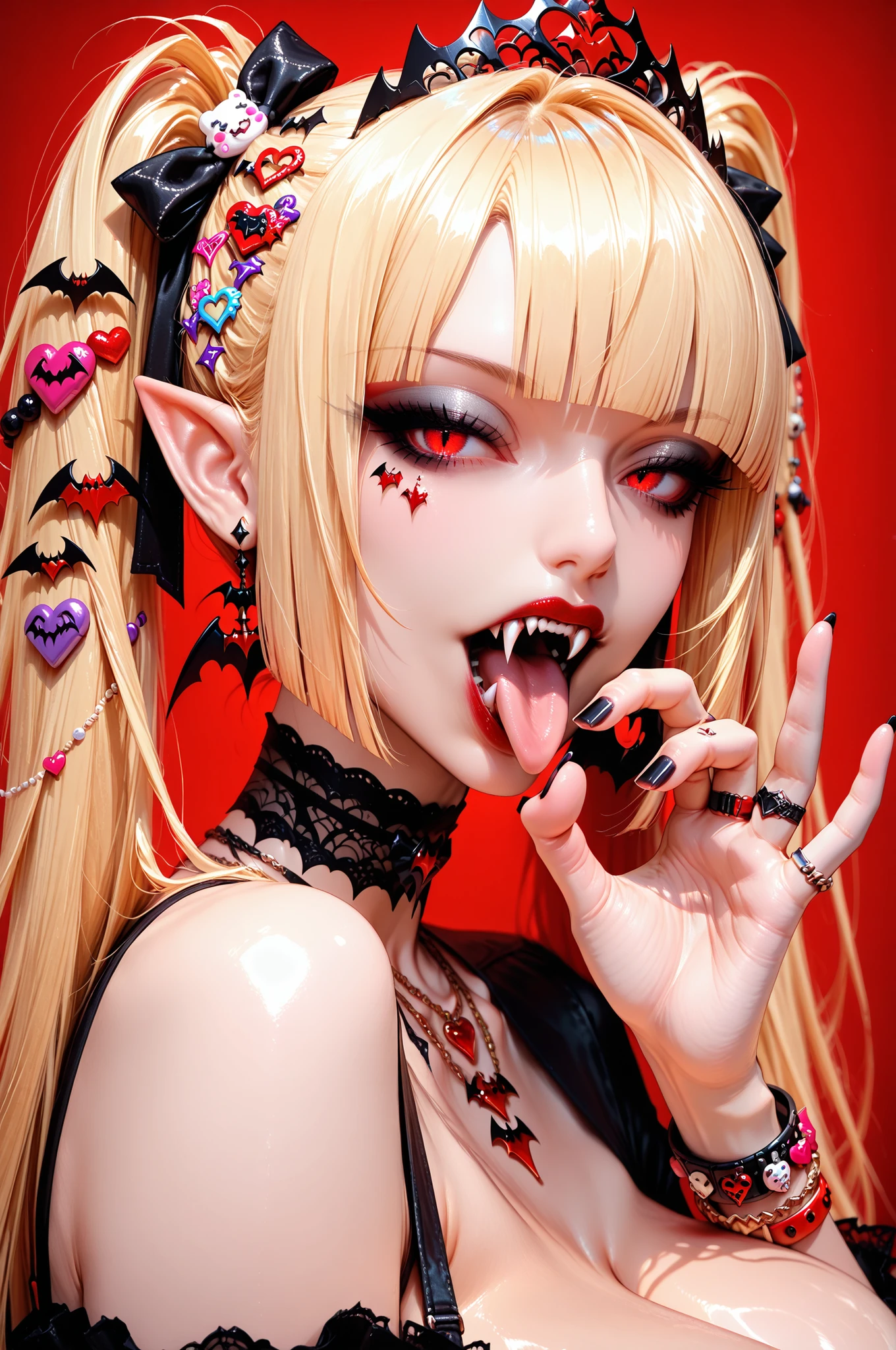 masterpiece,best quality,amazing quality,very aesthetic,absurdres,newest,highly detailed,highres, close-up portrait, beautiful,round cheeks,(gyaru:1.3), 1girl,(blonde twintails, straight_cut_bangs,hime_cut),long hair,red eyes,white eyeshadow, black eyeliner, Shiny skin,red lipstick,gothic dress, simple background,red background,fellatio gesture,one hand,depth of field,flirty,looking at viewer,from the side, ((decora, accessories)), clean lines,smooth lines,sharp,gigantic breasts, (necklaces, bracelets, rings), gothic lace choker, black nail polish, tiara, (pointed ears,vampire,fangs)