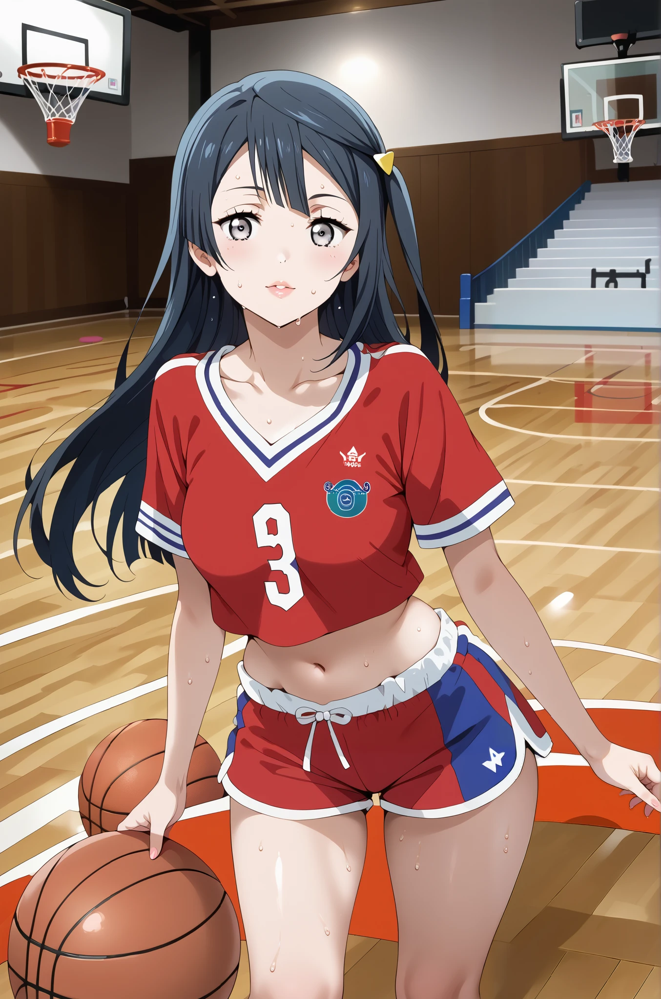 score_9, score_8_up, score_7_up, source_anime, 4K,perfect fingers,(perfect hands, perfect anatomy),prefect lighting, very aesthetic, intricate details,highly detailed background, masterpiece, high quality, best quality,
1girl, setsuna yuuki, yuuki setsuna (love live!), long hair, bangs, black hair, sidelocks, grey eyes, one side up, hair ornament, Large Breast,,
glamour girl, basketball player, full body, baby face, , 3D anime character , Strong Eyes, black hair, ponytail , Sweaty skin, black eyes, beige lips , , логотип NBA, crop top , basketball uniform , micro shorts, red, blue hair band, basketball court, intense dunk shot, , basketball hoop shakes a lot from impact, Hyperreality 8k, Ultra high definition, realistic and lively.