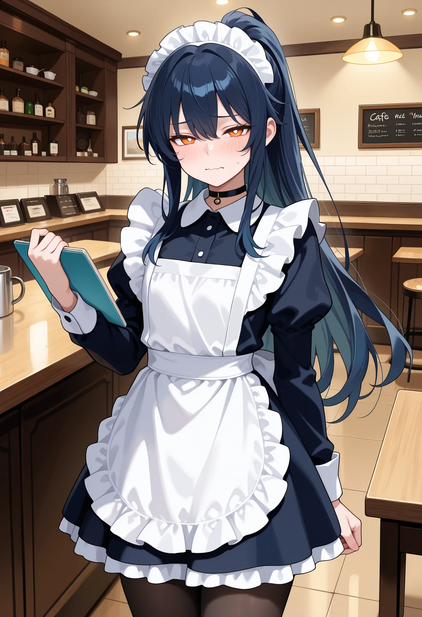masterpiece, best quality, amazing quality, (colorful), safe, 1boy, otoko no ko, aged up, half-closed eyes, flustered, blush, wavy mouth, looking at viewer, holding notepad, long hair, dark blue hair, ponytail, orange eyes, white pupils, freckles, choker, (dark blue dress), maid dress, maid headress, white pantyhose, indoors, café, absurdres
