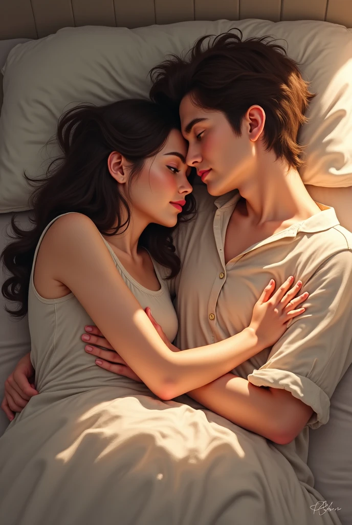 couple in love, cuddling in bed at night, 4k, ultrarealistic,Family friendly