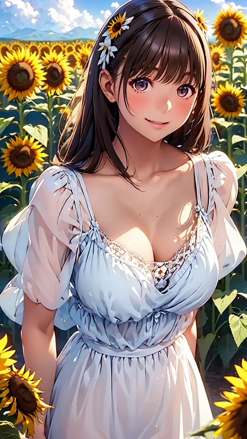 absurdres, RAW photo, extremely delicate and beautiful, masterpiece, Best Quality, ultra high resolution, 32k, hyperrealistic, ultra-detailed, perfect figure, Perfect Style, Perfect balance, in her 20s, very small head, very small face, delicate facial features, tearful mole, earring, (very huge round breasts:1.2), full body shot, (whole legs:1.2), medium hair, wavy hair, outdoor, blouse, bare collarbone, skirt, straw hat,