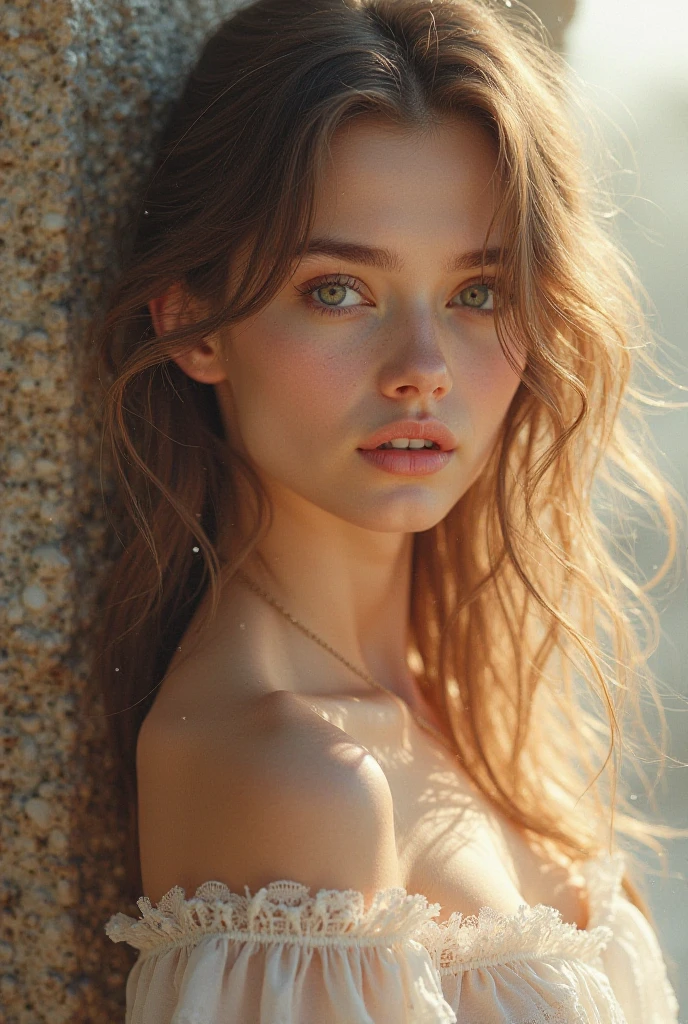 (full of the body: 1.4), RAW UHD portrait photo of a 27-year-old brunet, (blue-eyed woman), (medium wet nude breasts), (skirt), (neckline), details (textures! , hair!, glitter, color!! , disadvantages: 1.1), glossy eyes with high detail (looking at the camera), SLR lighting, SLR camera, ultra-quality, sharpness, depth of field, film grain (center), Fujifilm XT3, crystal clear, frame center, beautiful face, sharp focus, bokeh (dimly lit), day, detailed skin pores, oily skin, sunburn, complex eye details, (full body),