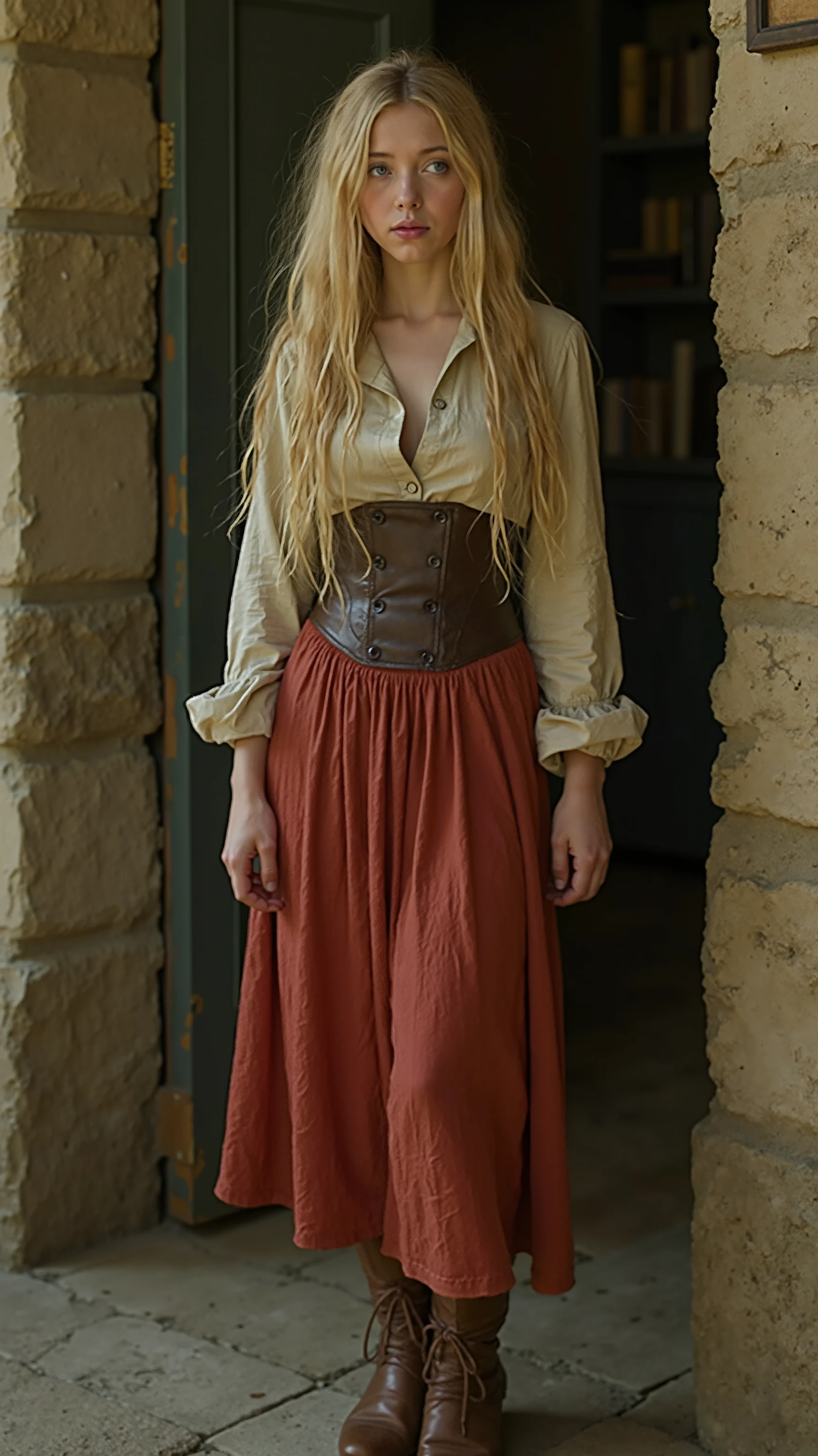 NSFW、Old Photos、19th century France、Beautiful girl with long blonde hair parted in the middle、blue eyes、Modest breasts、I'm wearing a raw long-sleeved collared shirt、red knee-length cotton skirt、brown bodice、brown leather booties、Dirty clothes and body from a long trip、Clothes are in tatters and gone bankrupt、A tavern along the road、girls travel while prostitutes、Girls don't choose customers、cheap prostitutes、Despised for being thought of as a slutty girl、Women Who Have Sex With Anyone、Prostitutes who take customers everywhere、