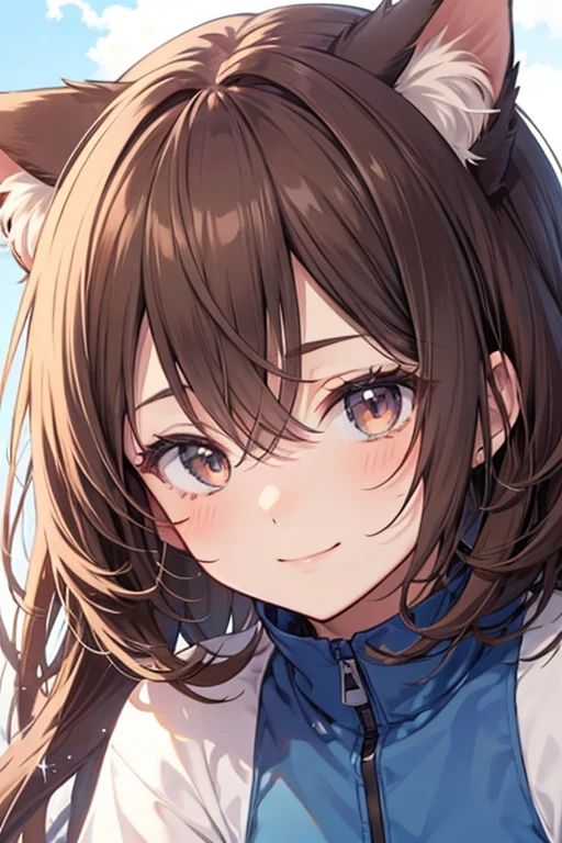 1 girl, (((best quality)), ((masterpiece)), (details), masterpiece, best quality, high quality, super detailed, perfect face, ((1 girl, Blue eyes, Dog ears: 1.3 brown short vertical roll hair: 2.5,)),Shiny Hair、Shiny skin、smile、Alluring expression、intellectual、Charming、friendly