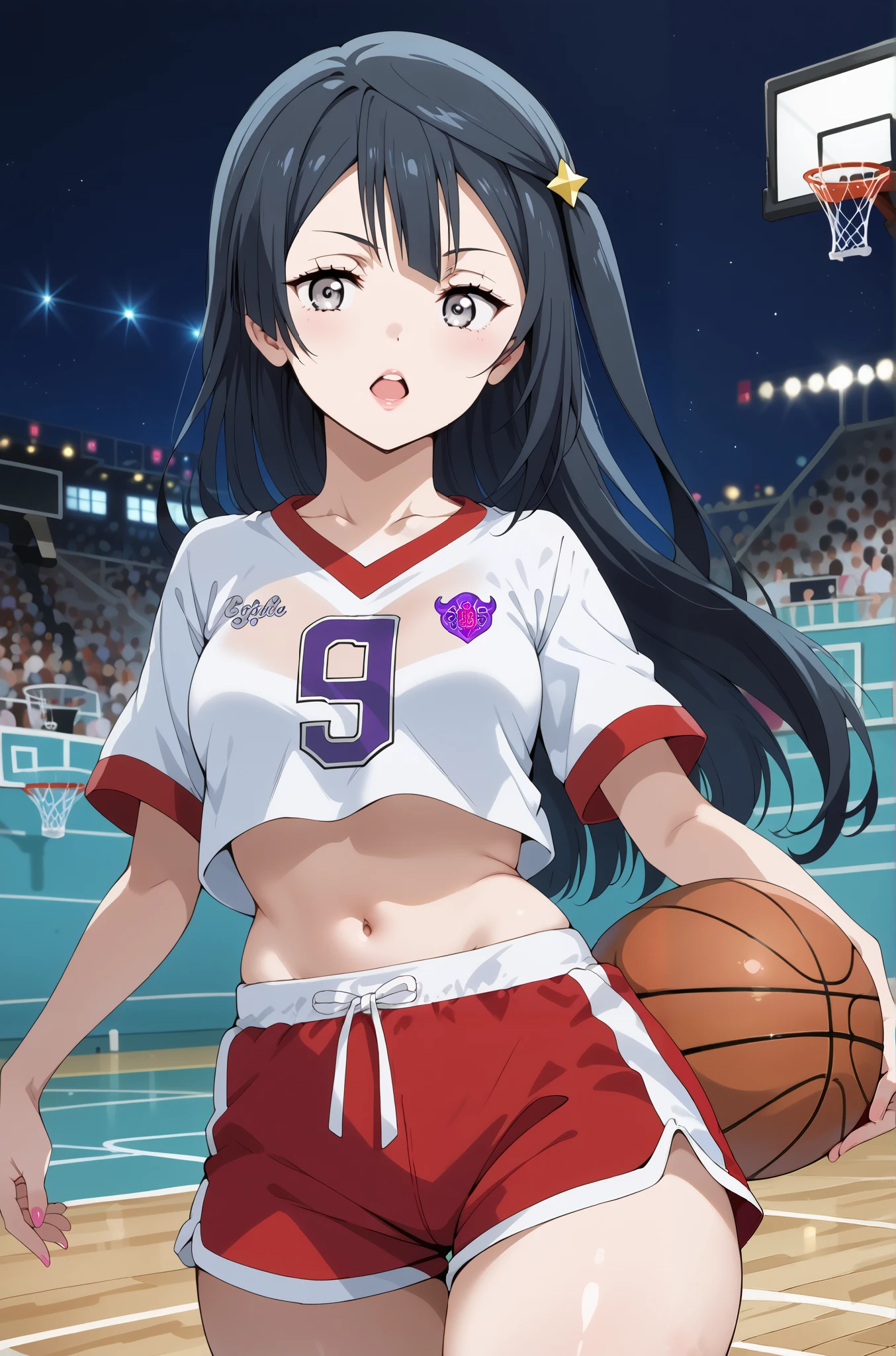 score_9, score_8_up, score_7_up, source_anime, 4K,perfect fingers,(perfect hands, perfect anatomy),prefect lighting, very aesthetic, intricate details,highly detailed background, masterpiece, high quality, best quality,
1girl, setsuna yuuki, yuuki setsuna (love live!), long hair, bangs, black hair, sidelocks, grey eyes, one side up, hair ornament, Large Breast,,
wearing ((crop top , basketball uniform , micro shorts, )) ,,
beach, tattoo,looking at viewer, open mouth, parted lips, teeth, lips, mildly annoyed face,