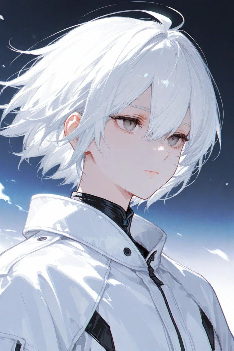 1 person，masterpiece，Anime character with white hair and blue eyes, cute boy anime visual, anime moe art style,Boy with short gray hair, young anime boy with white hair, official character art,white cloak，Sky blue gradient for gray hair，unique pupil，tilt one&#39;s head，No expression,indifference，