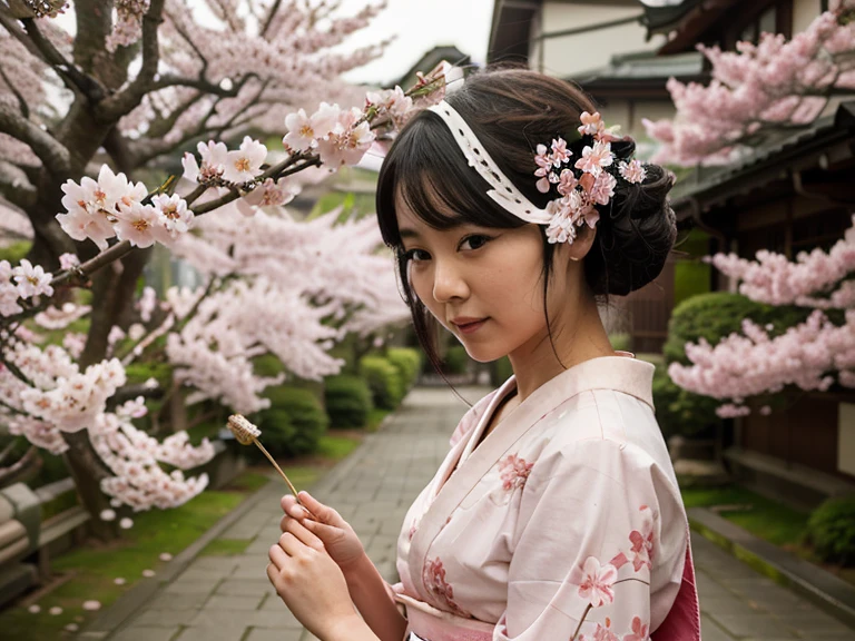 A beautiful geisha, half-naked, wearing traditional geisha makeup, standing in a lush cherry blossom garden in Japan during the geisha era, (best quality,4k,8k,highres,masterpiece:1.2),ultra-detailed,(realistic,photorealistic,photo-realistic:1.37),highly detailed face and skin, elegant geisha kimono, cherry blossoms, traditional Japanese architecture, soft warm lighting, muted color palette, cinematic composition