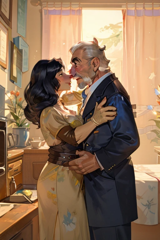 Imagen de una pareja de esposos, dress it with blue design, hombre con los brazos abiertos, cabello canoso, Oil painting style
