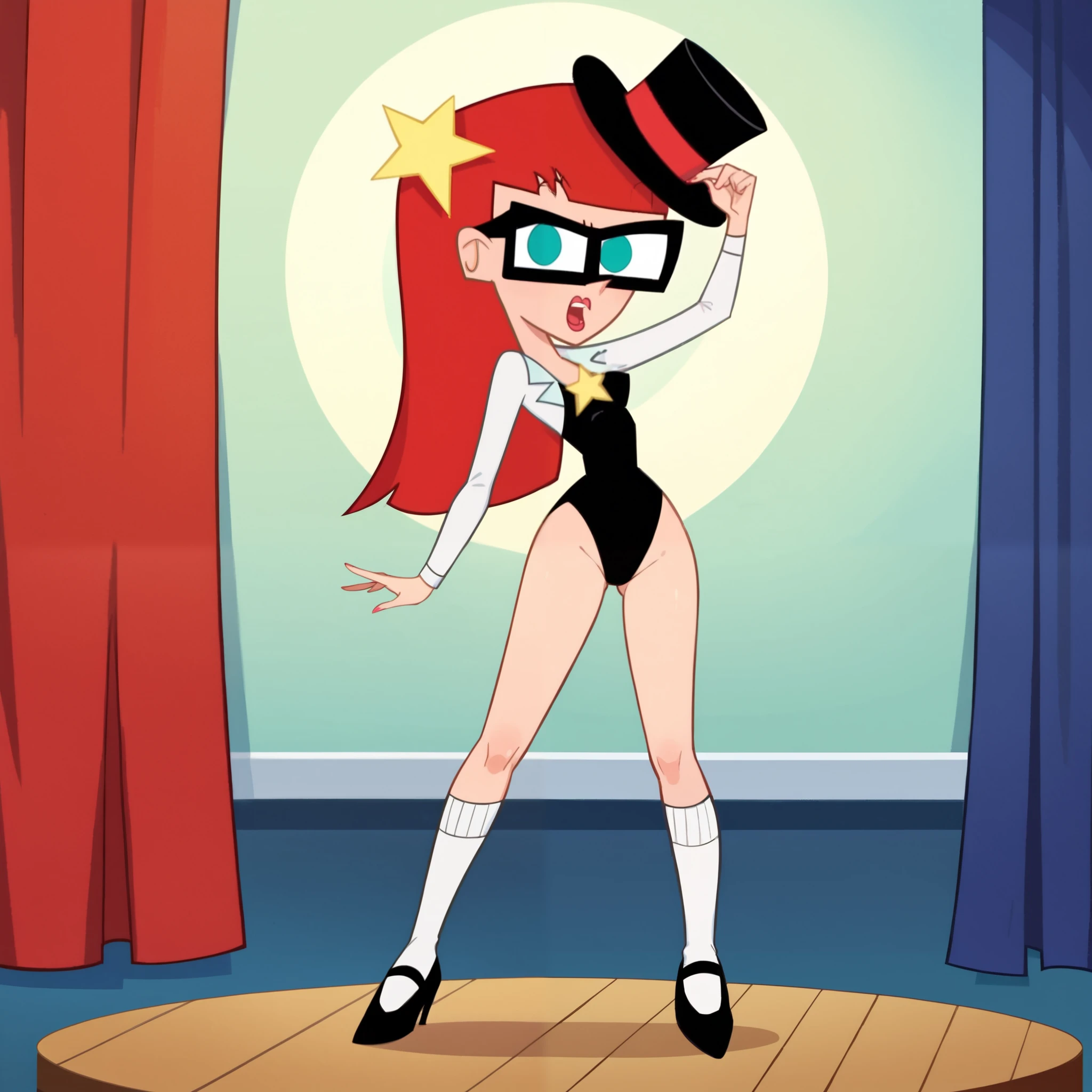 score_9, score_8_up, score_7_up, 1girl, red hair, glasses, blue eyes, style parody, long hair, blunt bangs, lipstick, star hair ornament, small breasts, narrow waist, wide hips, looking at viewer, highres, high quality, masterpiece, black leotard, black shiny Mary Jane tap shoes with small white socks, black top hat, while standing tap dancing sexy, crossing her legs, on a stage with red curtains, cartoon style
