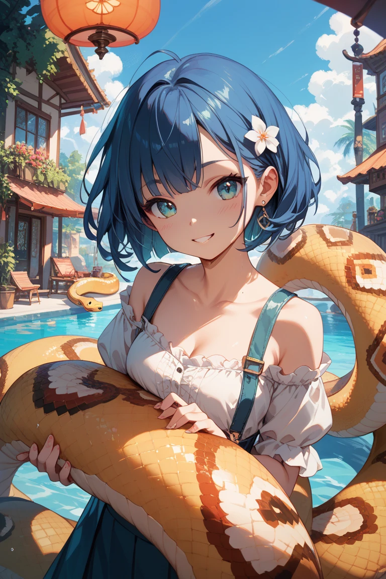 best quality, masterpiece, highres, solo, {ch_en_arknights:1.15}, horns, dragon_horns, long_hair, blue_hair, red_eyes, bangs, hair_between_eyes, breasts, upper_body, sidelocks, medium_breasts, 1girl, bare_arms, bare_shoulders, bikini, black_bikini, cowboy_shot, dragon_tail, navel, official_alternate_costume, short_shorts, shorts, stomach, swimsuit, tail, baseball_cap, hat, horns_through_headwear, open_fly, grey_shorts, looking_at_viewer, thighs, collarbone, holding, pouch, standing, sunglasses, eyewear_removed, highleg_bikini, holding_eyewear, outdoors, belt, blue_sky, day, hand_up, highleg, sky, water